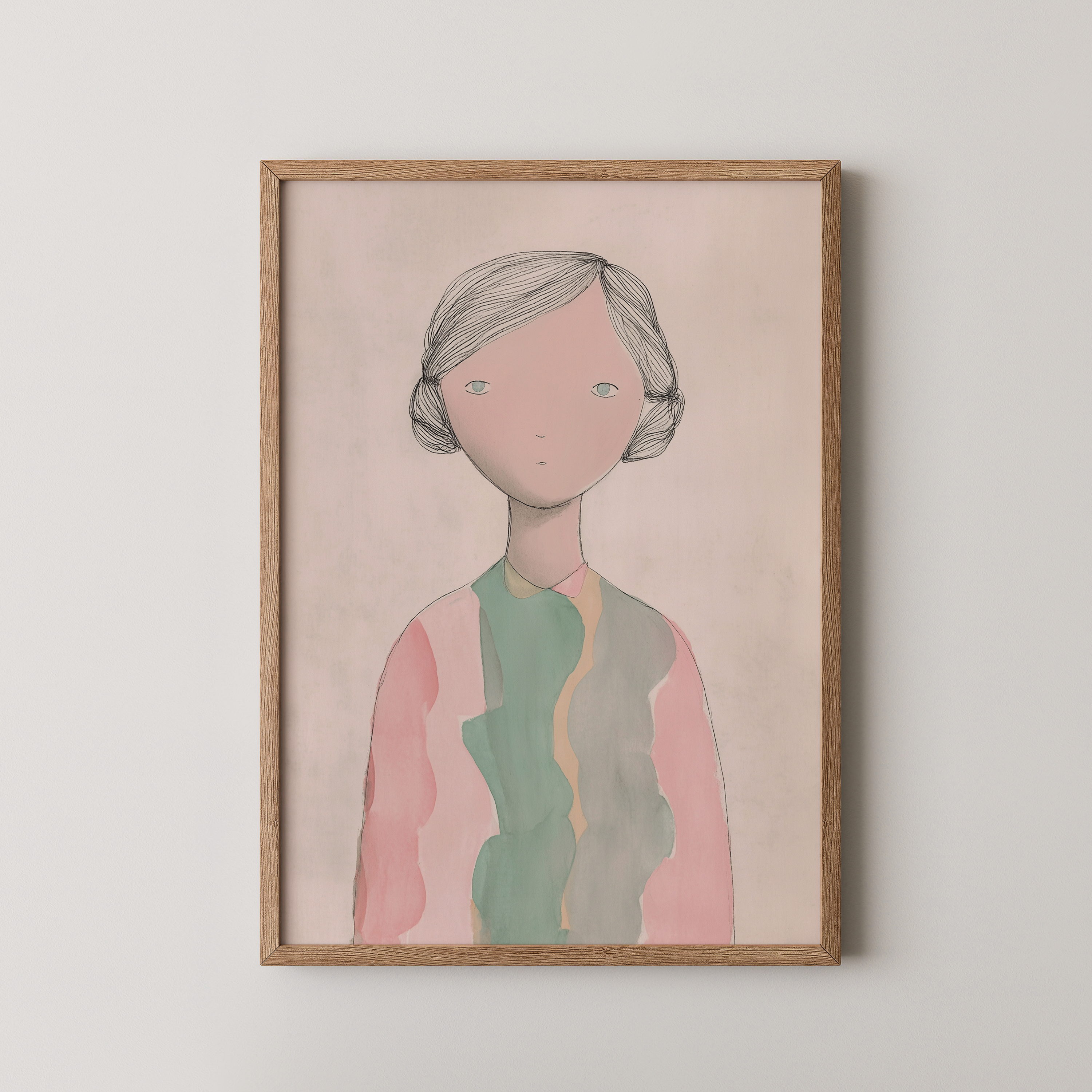יצירה ממוסגרת של דמות נשית עדינה בגוונים רכים, סגנון איורי מינימליסטי, קולקציית הדמויות של Trausi+Tosh