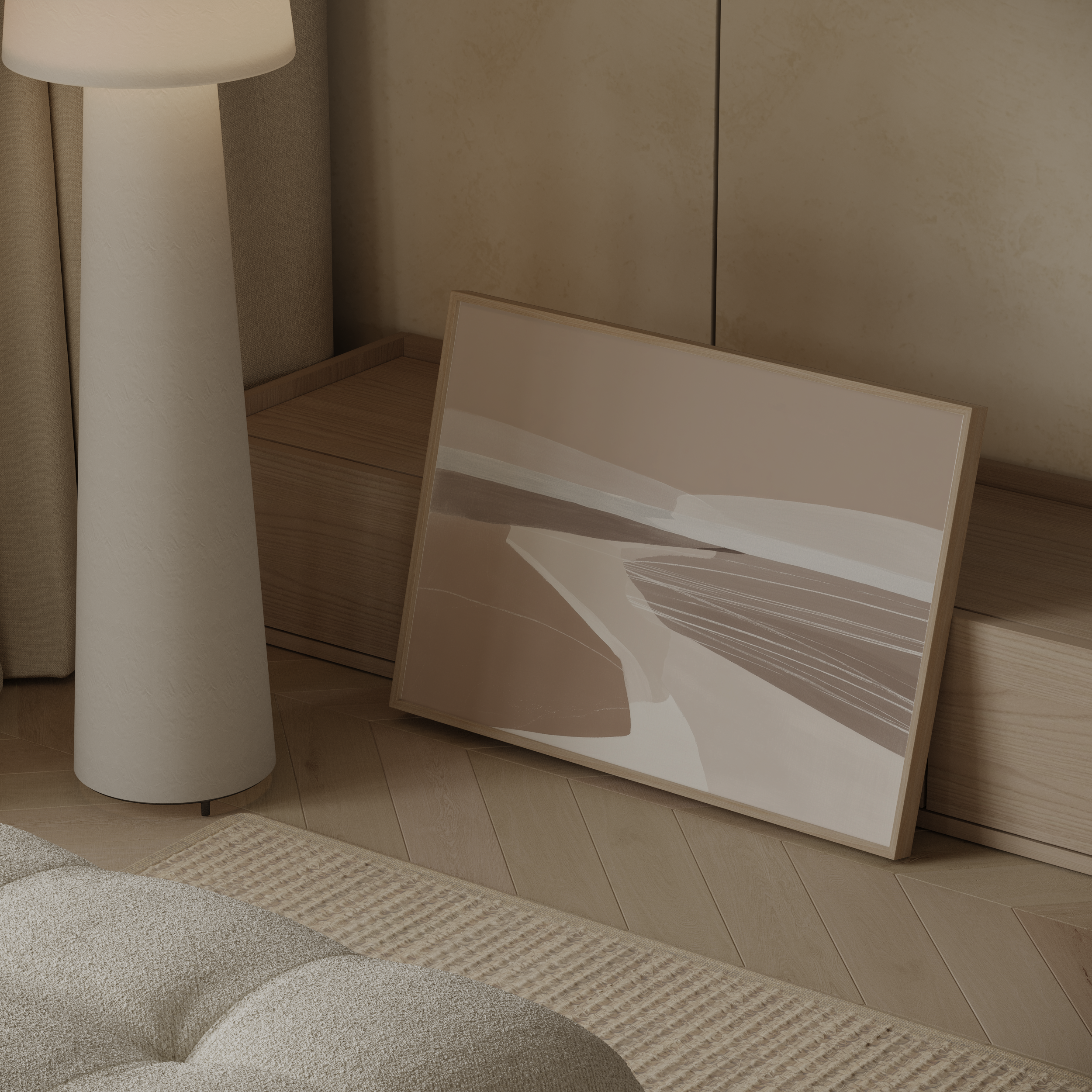 הדפס אמנותי מינימליסטי בגוונים טבעיים עם קווים רכים המדמים נוף פתוח – Calen מאת the left handed