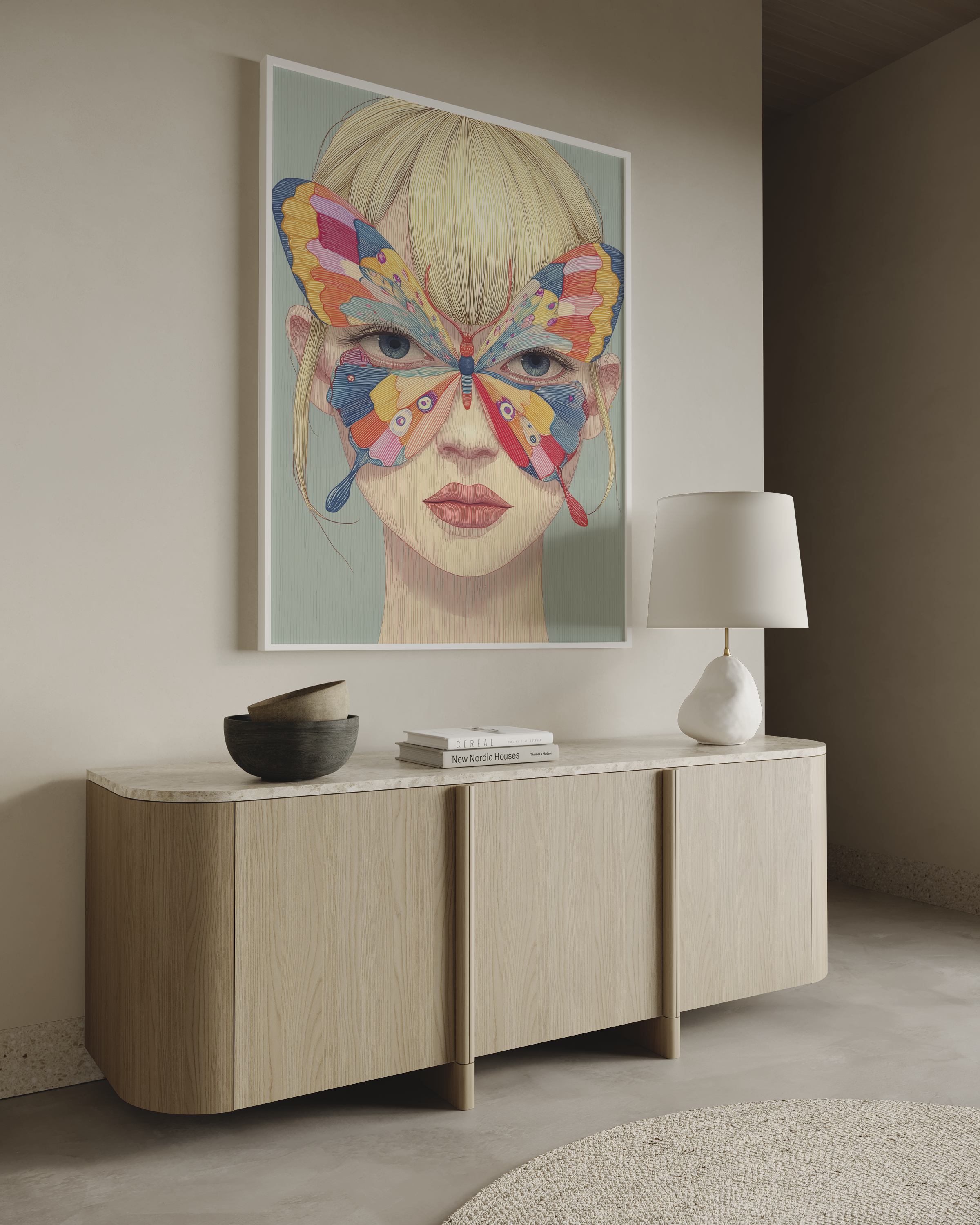 יצירת קיר Ravelle עם דמות נשית ופרפר צבעוני עשיר בפרטים בגוונים חיים