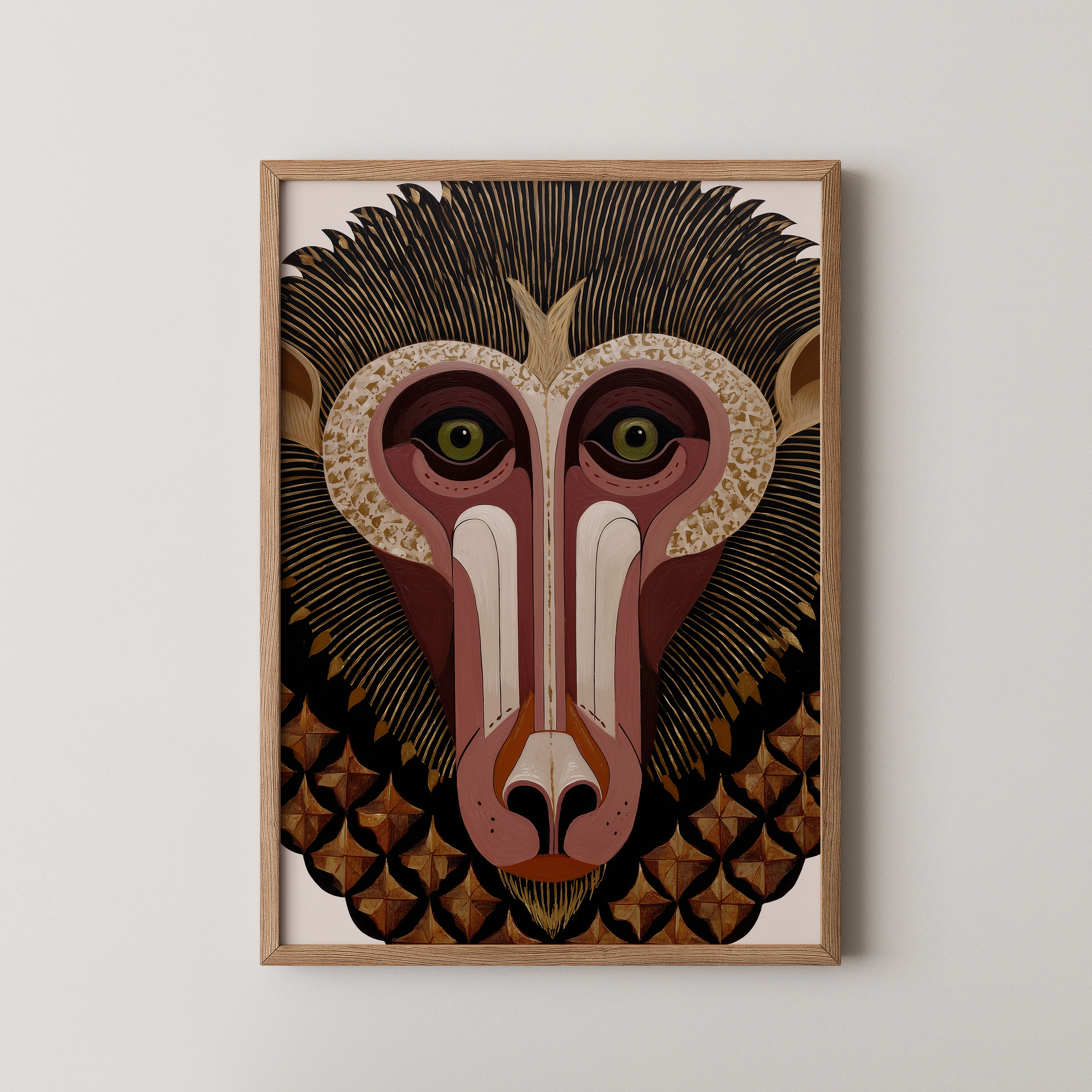 דיוקן גרפי של דמות חייתית בסגנון שבטי, בצבעי חום וזהב, מתוך סדרת Totemoro של Trausi+Tosh.
