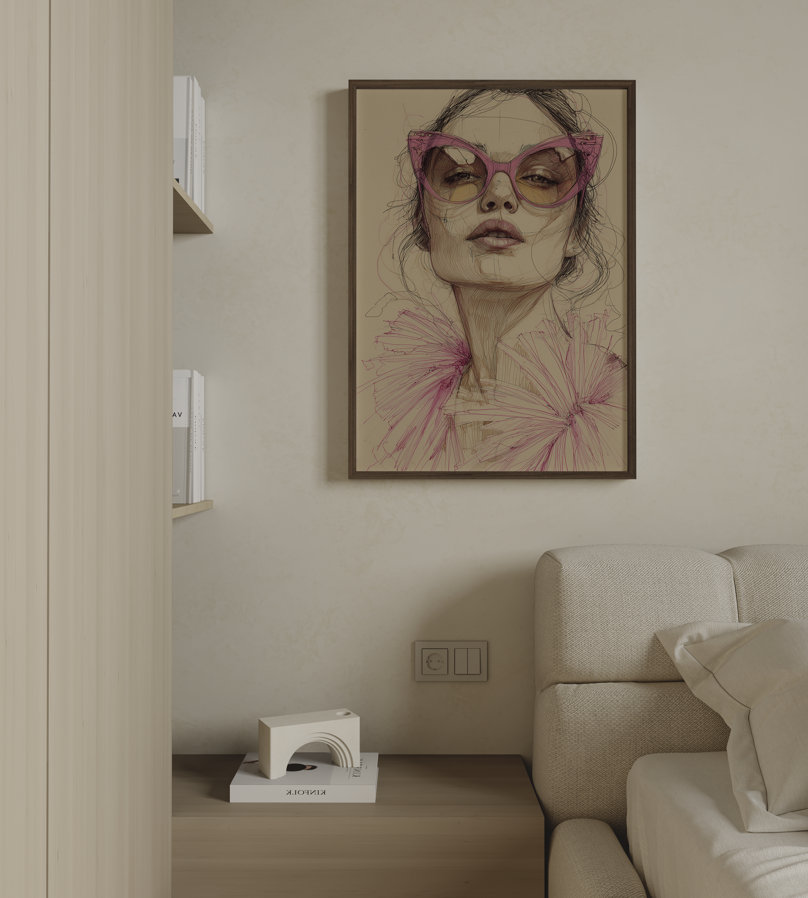 יצירת אמנות Viole – איור נשי מודרני עם משקפי שמש ורודים, קווים חופשיים וסגנון סקיצתי אלגנטי