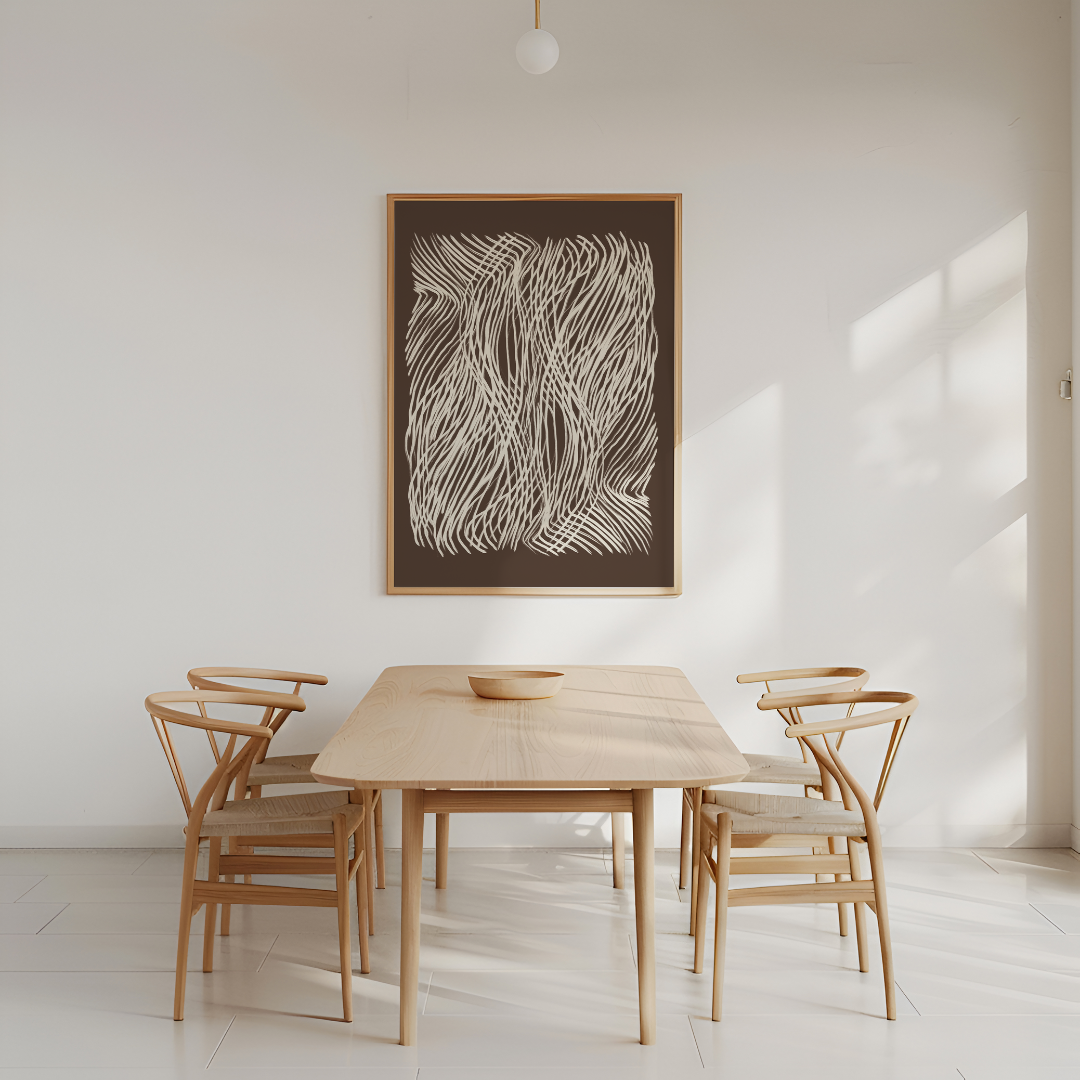 יצירה מודרנית עם קווים לבנים דינמיים על רקע כהה, מושלמת לקישוט חללים מעוצבים כמו סלון, משרד או פינת אוכל.