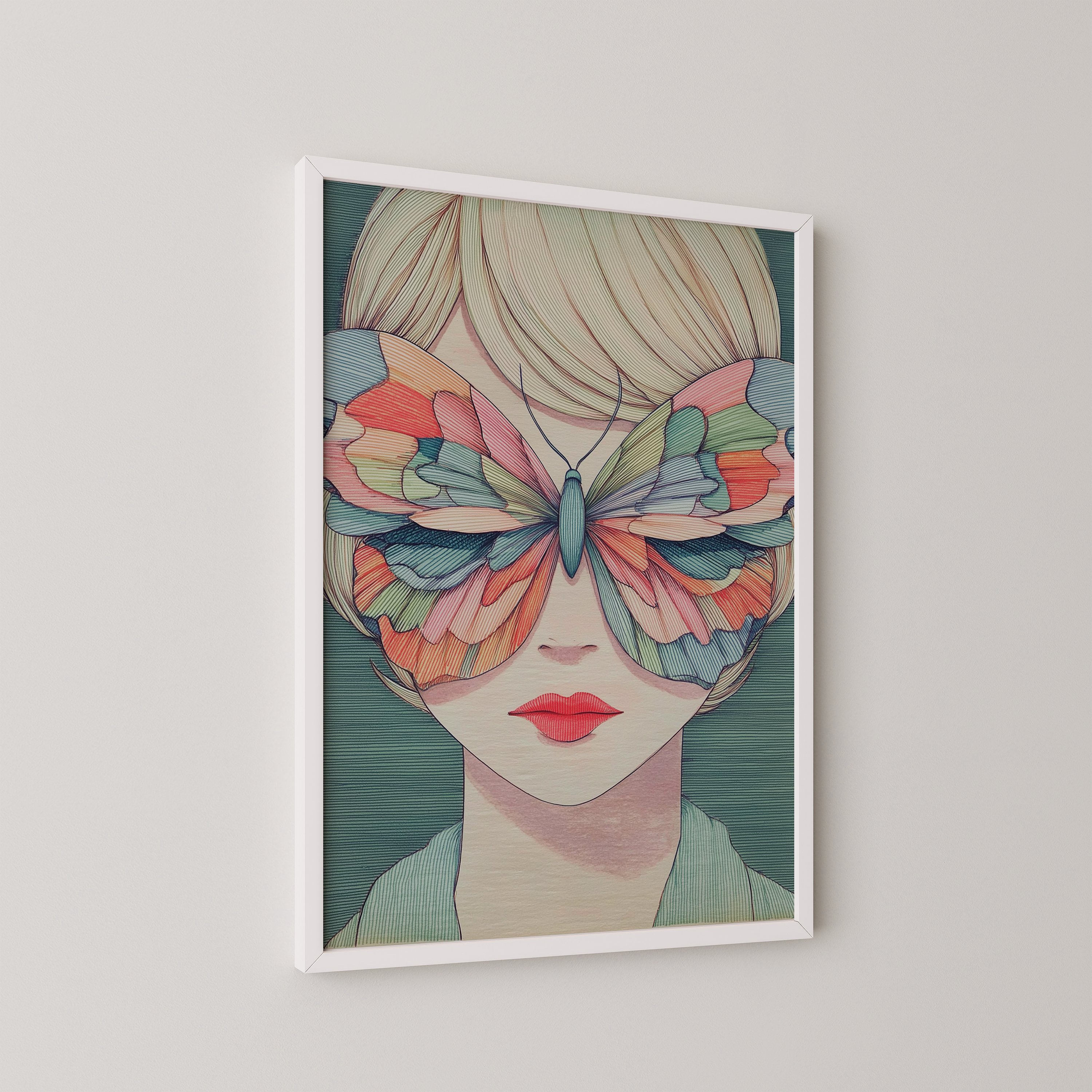 יצירת קיר Papill עם דמות נשית ופרפר צבעוני על הפנים בגוונים רכים