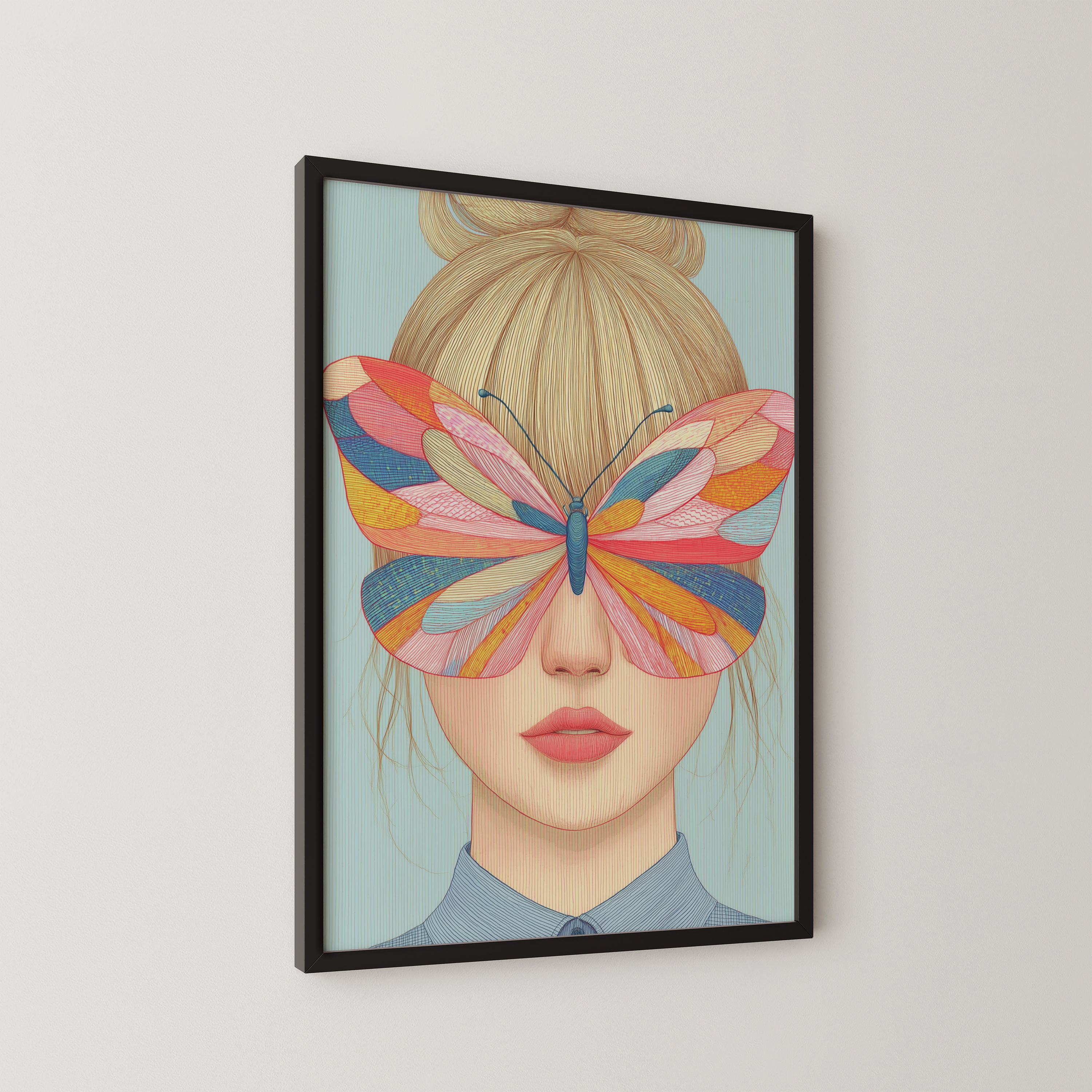 יצירת קיר Caly עם דמות נשית ופרפר צבעוני בגוונים רכים של ורוד תכלת וכתום