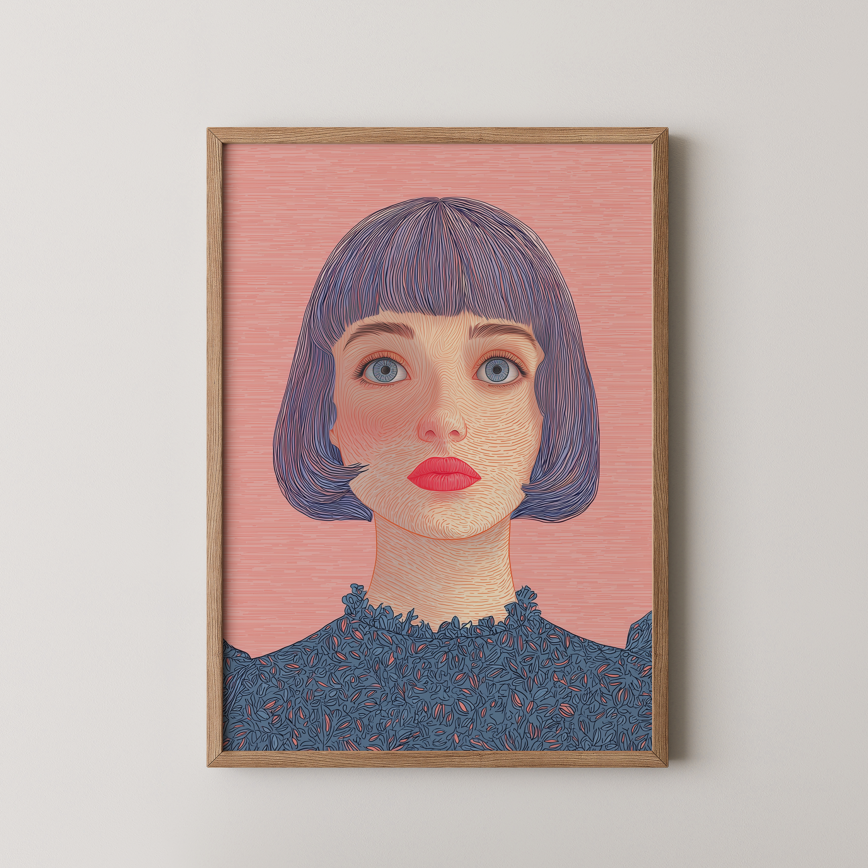 יצירת אמנות מודרנית של דמות נשית עם שיער קצר, רקע ורוד וטקסטורות עדינות בגווני כחול