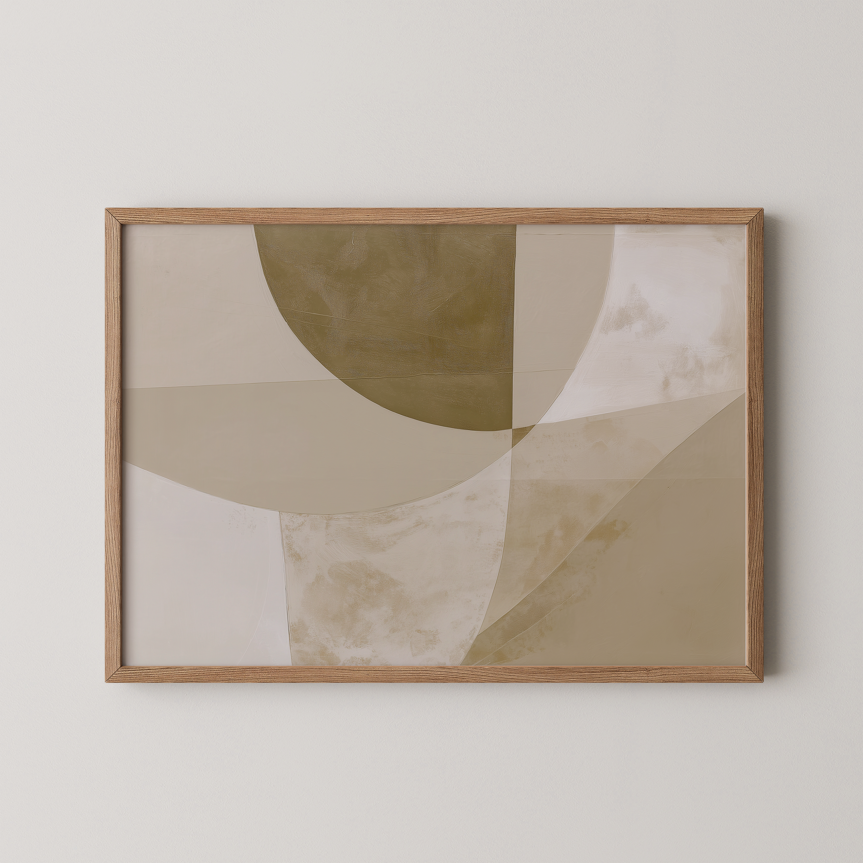 יצירה מופשטת בגוונים טבעיים עם צורות גיאומטריות רכות במסגרת עץ, מונחת בחלל שקט ומינימליסטי