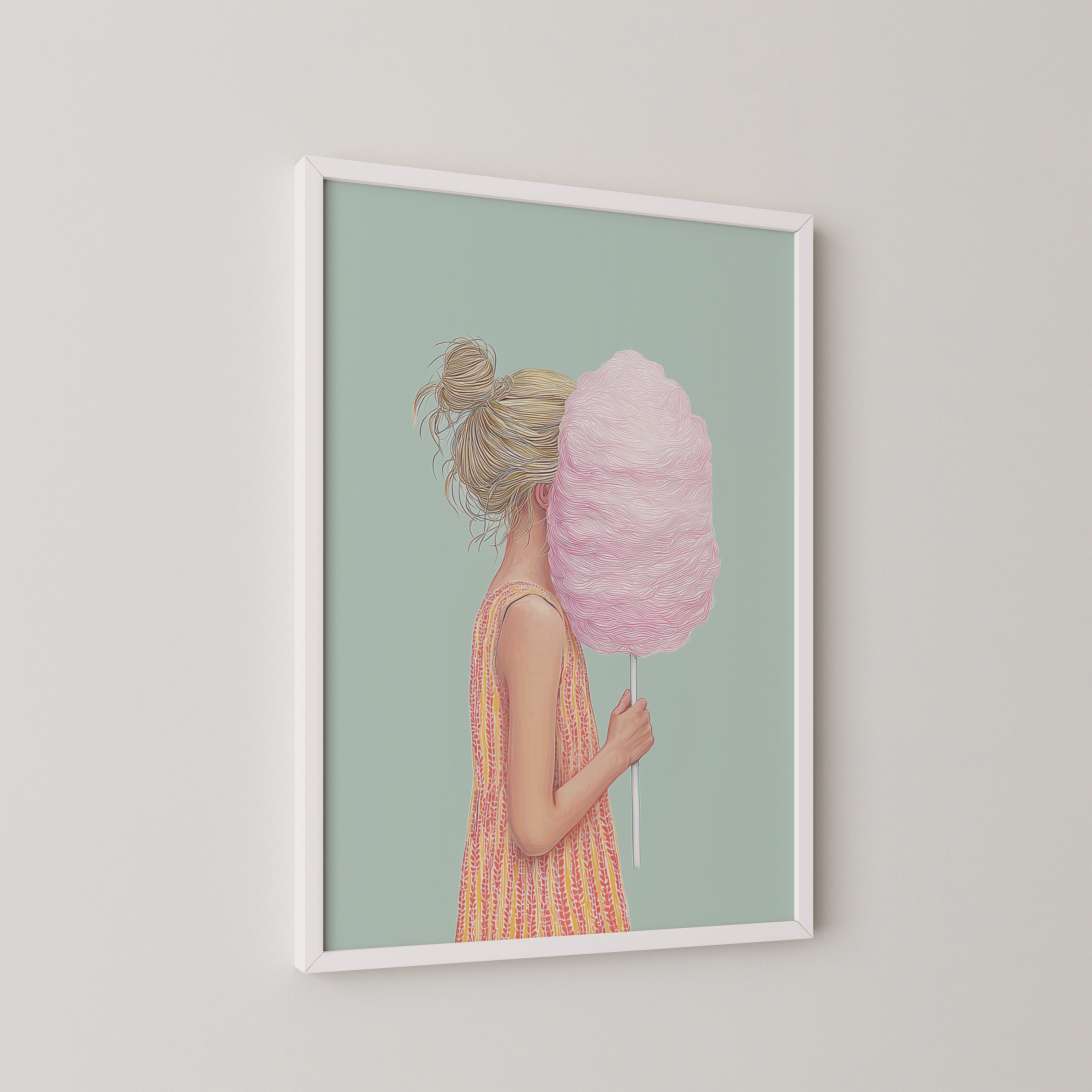 יצירת אמנות Candise – ילדה עם צמר גפן מתוק בצבע ורוד על רקע ירקרק, סגנון מודרני רך.