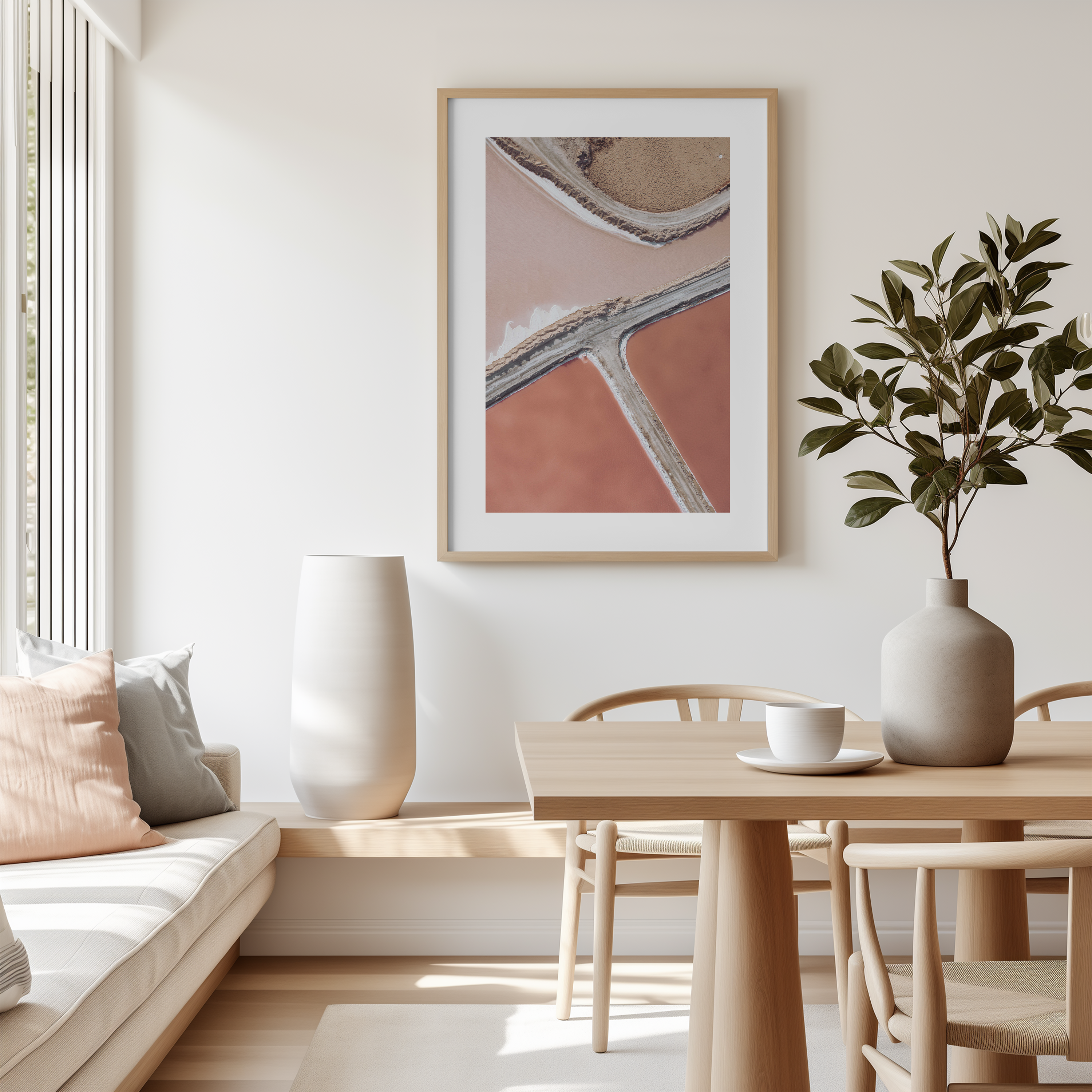 קו המלח — צילום אוויר מאת שי אשכנזי. מבט רחפן על בריכות המלח באילת, חלוקה גאומטרית בגווני ורוד, אדום וחום.