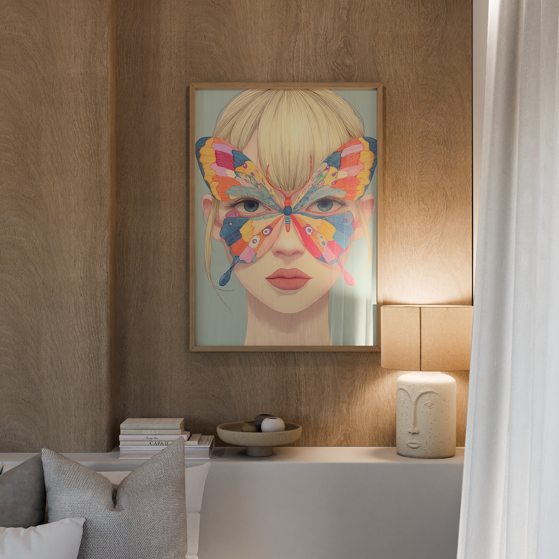 יצירת קיר Ravelle עם דמות נשית ופרפר צבעוני עשיר בפרטים בגוונים חיים