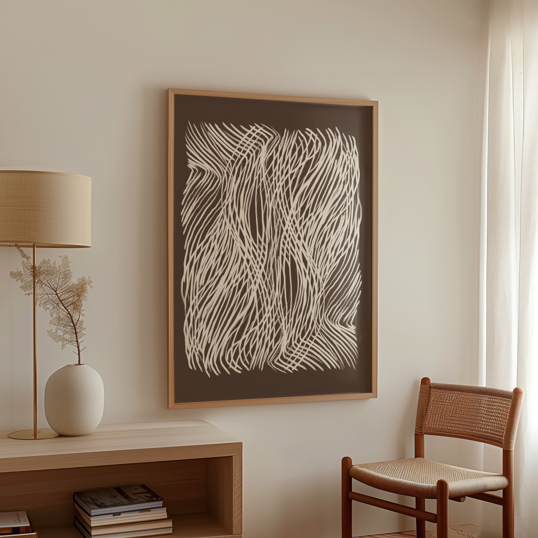 יצירה מודרנית עם קווים לבנים דינמיים על רקע כהה, מושלמת לקישוט חללים מעוצבים כמו סלון, משרד או פינת אוכל.