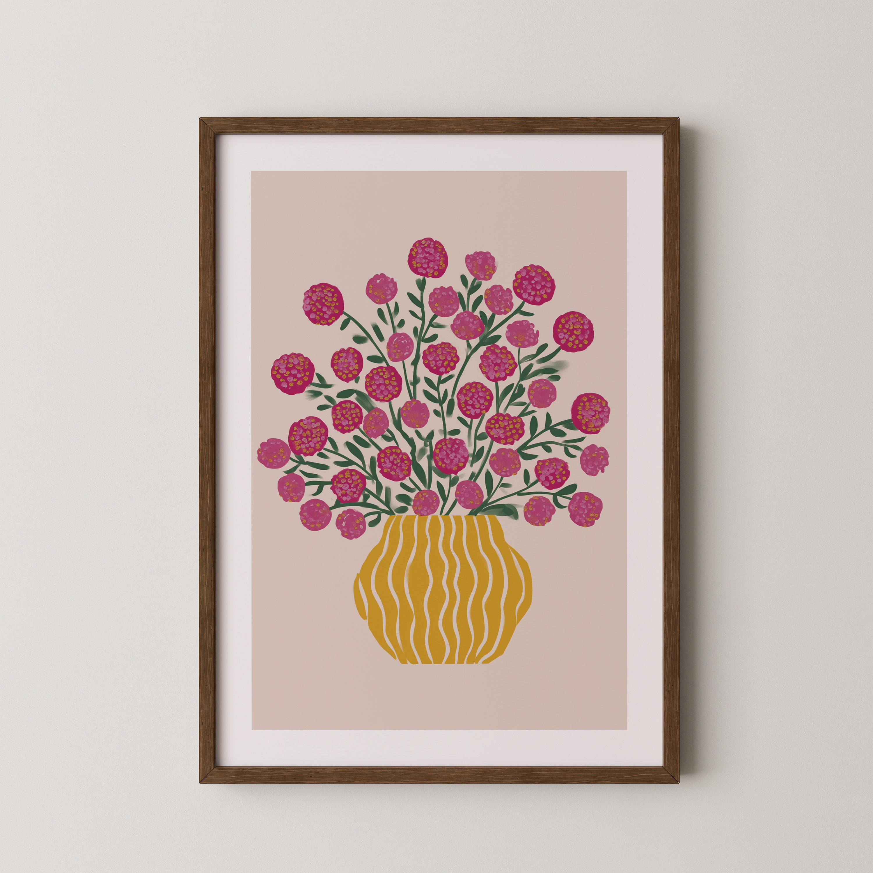 Illustrated floral art print with pink flowers in a yellow vase on a beige background – Trausi+Tosh framed artwork