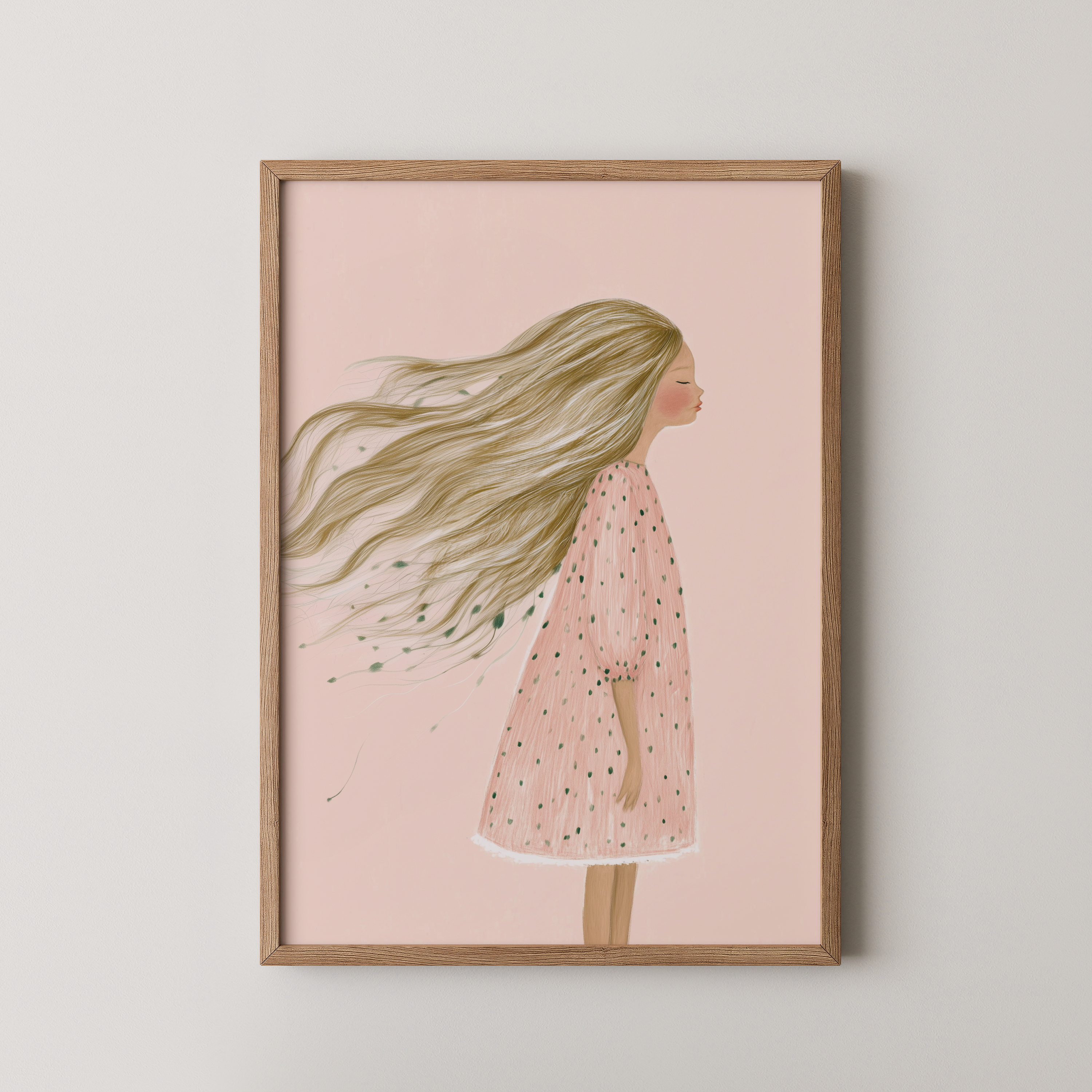 יצירת אמנות של ילדה עם שיער מתנופף ברוח על רקע פסטלי – Lunaria