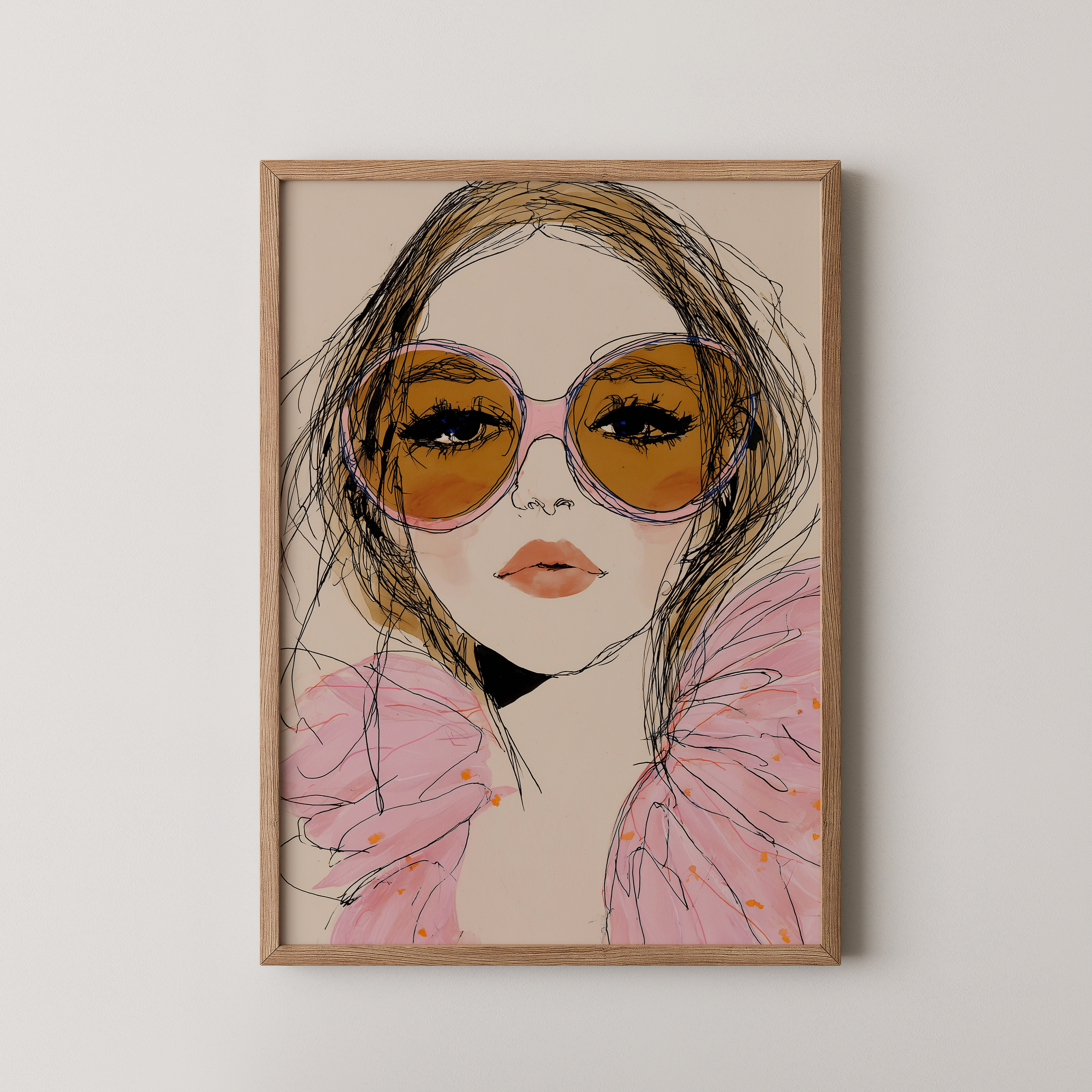 יצירת אמנות Léonie – איור נשי מודרני עם משקפי שמש גדולים בגוונים ורודים ורכים, קווים חופשיים וסגנון אופנתי