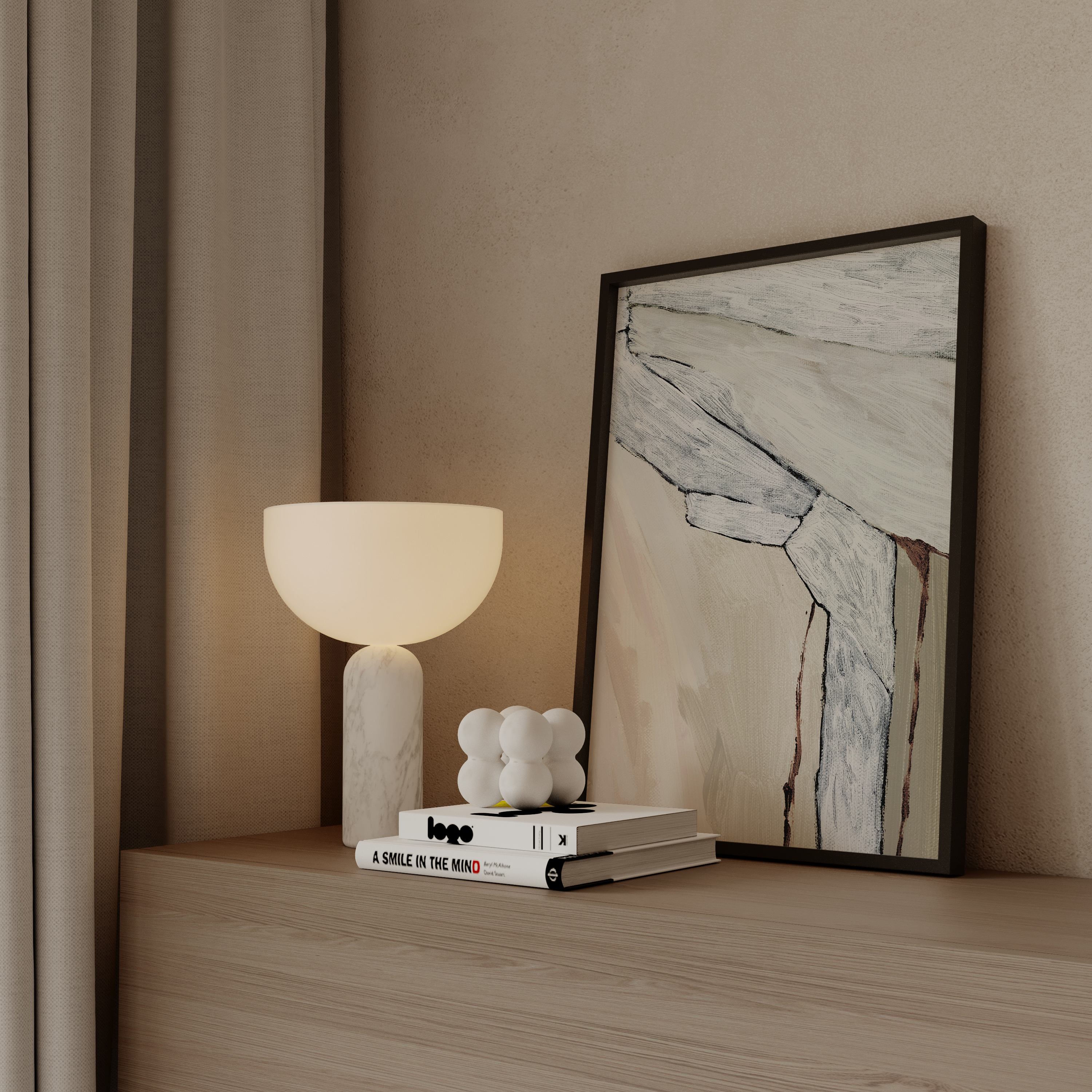 יצירה אבסטרקטית בגוונים טבעיים של חול, שמנת ואפור עם משיכות מכחול טקסטורליות במסגרת עץ.