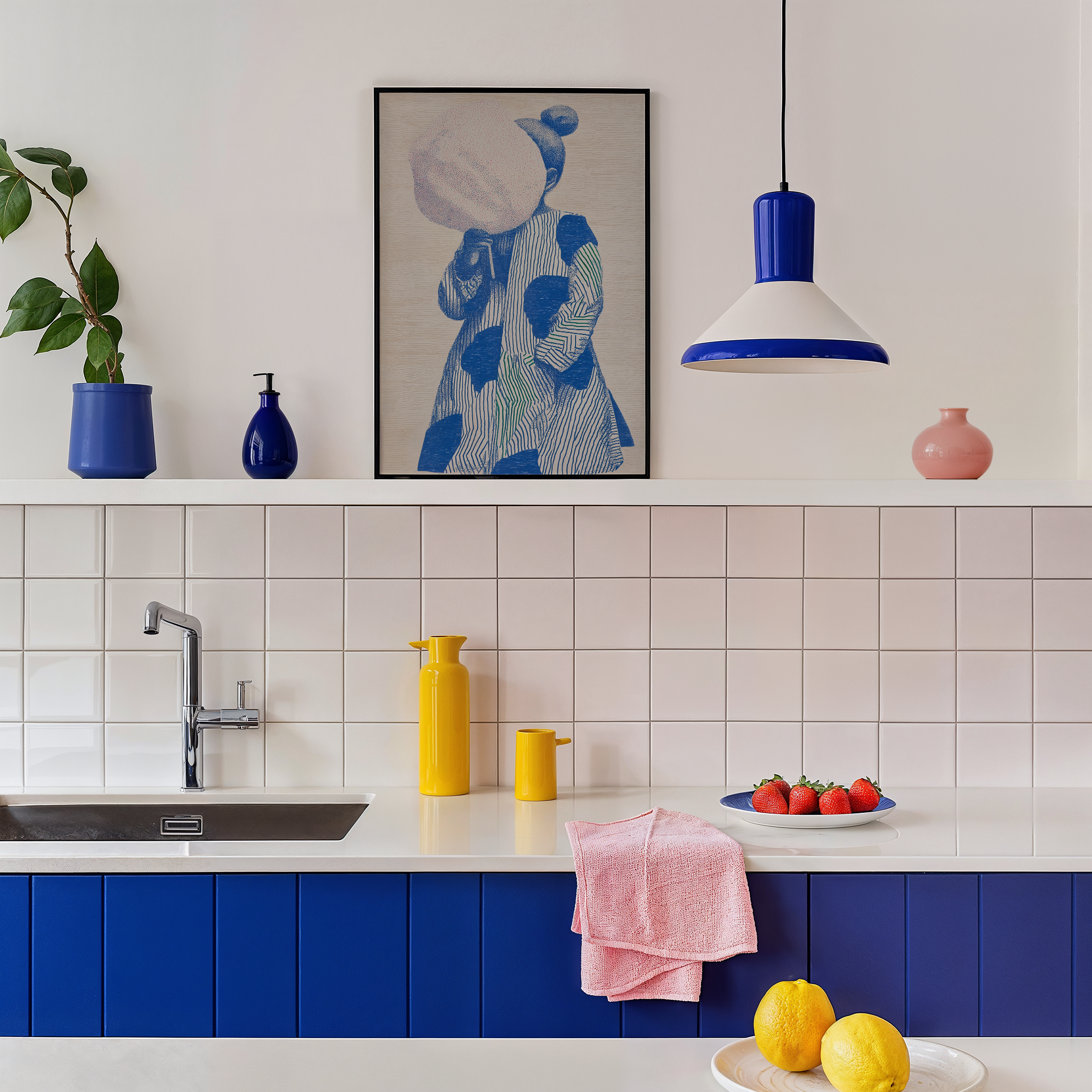 Miette – יצירה ממוסגרת של דמות כחולה עם ממתק ורוד