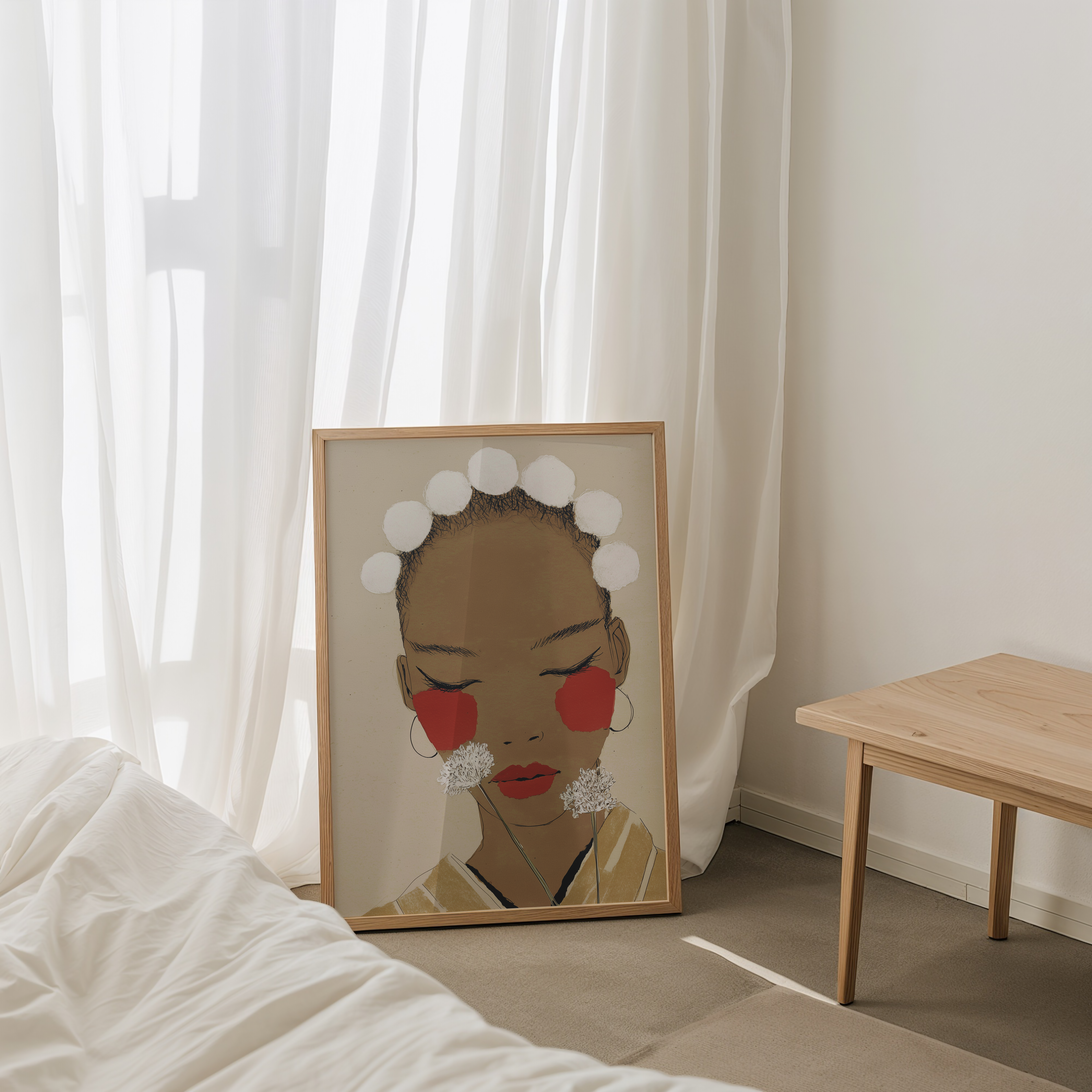 איור של דמות נשית בעיניים עצומות עם רקע ניטרלי, לחיים אדומות ופרחי שומר לבנים – יצירה מינימליסטית מהקולקציה של Trausi+Tosh