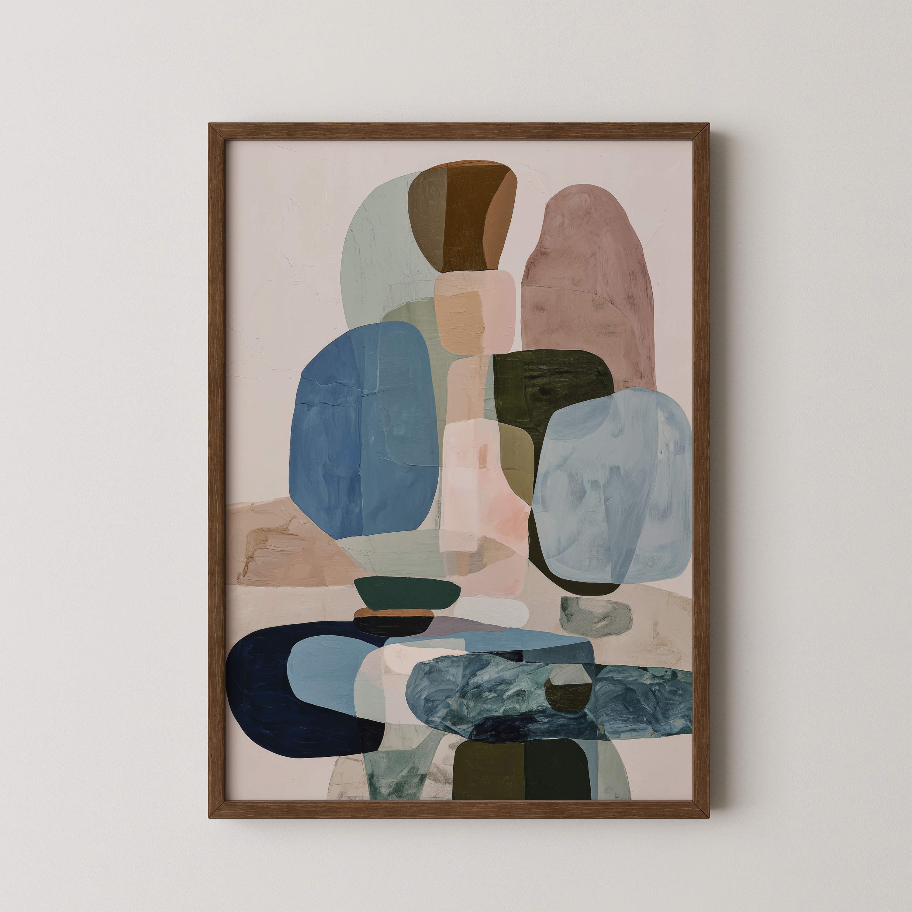 Evarne – יצירה מופשטת בגווני כחול, ירוק וחול עם צורות אורגניות בשכבות