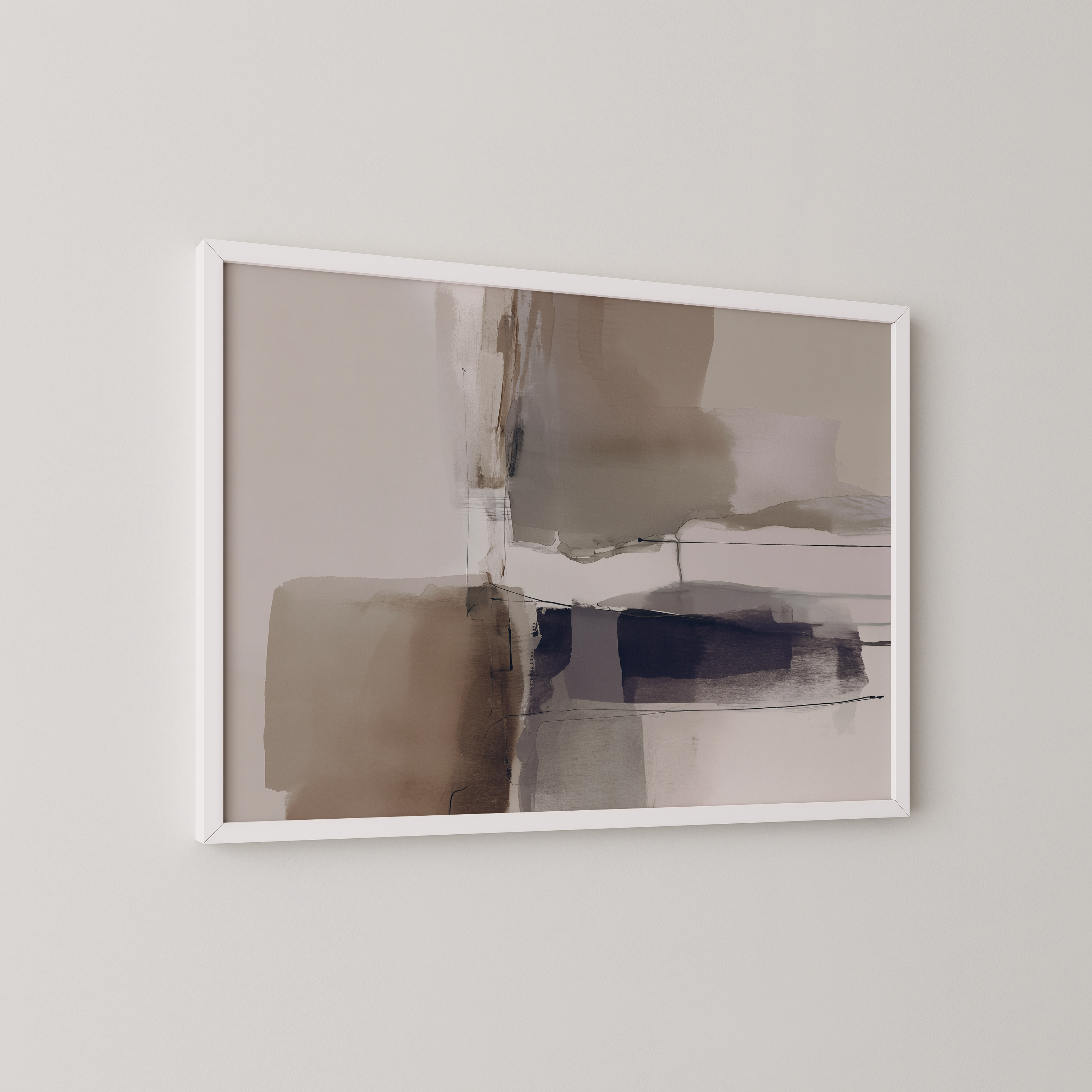 יצירה מופשטת במסגרת עץ טבעי בגווני חום, סגול ואבן – Talune מקולקציית טראוזי וטוש.