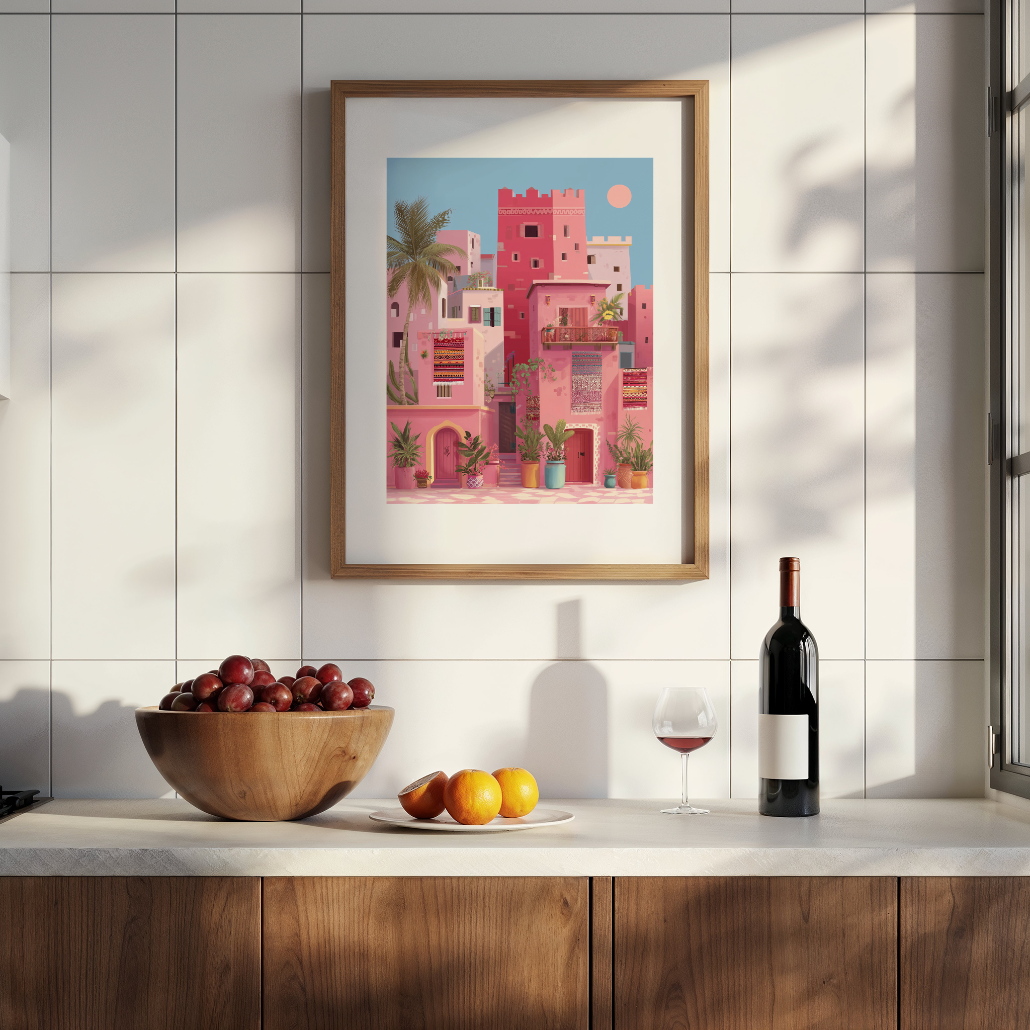 אילוסטרציה צבעונית של מבנים בגווני ורוד עם דקל, עציצים ושטיחים, בסגנון אוריינטלי עכשווי.