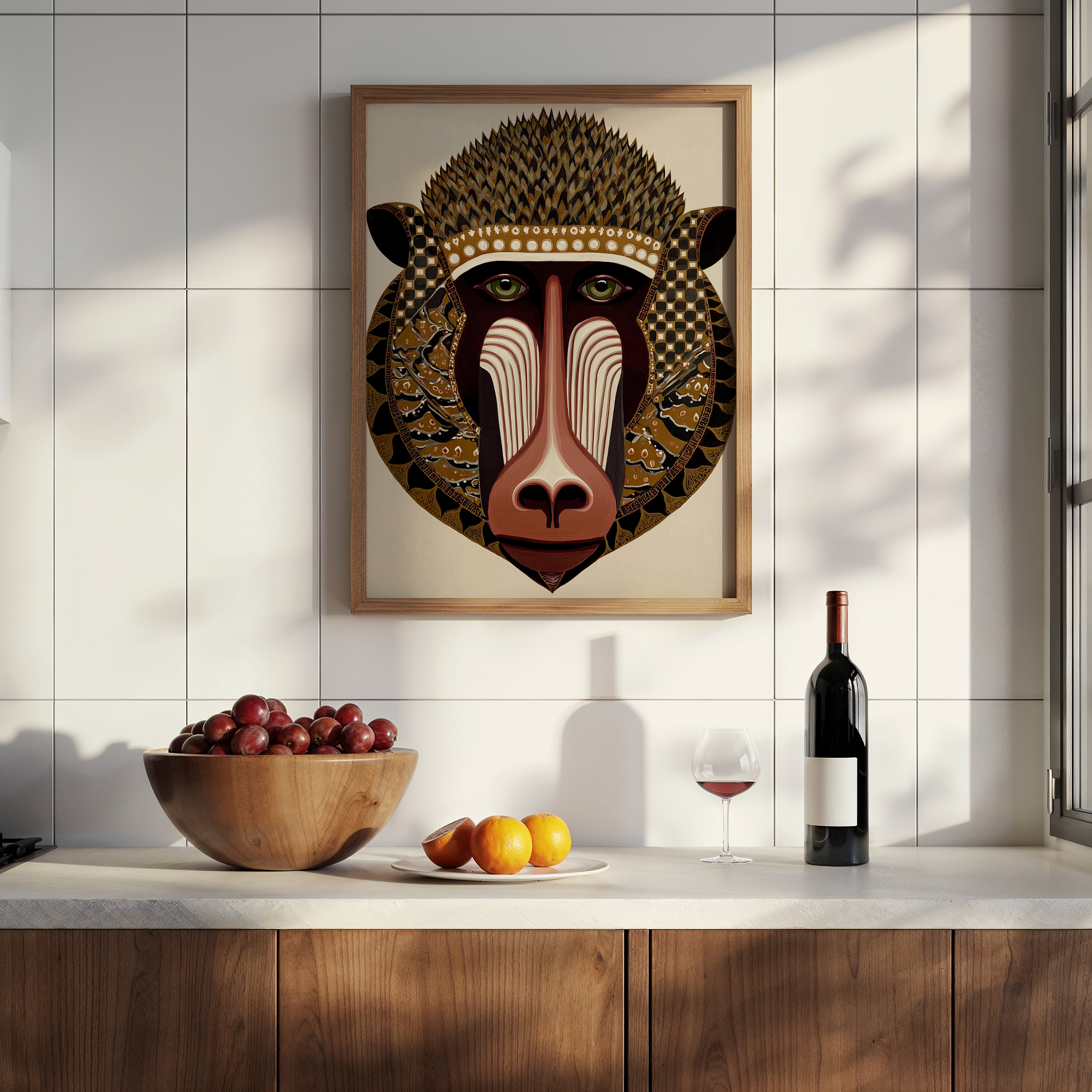 יצירת אמנות בסגנון שבטי–גיאומטרי עם דמות טוטם מפורטת בצבעי חום וזהב.