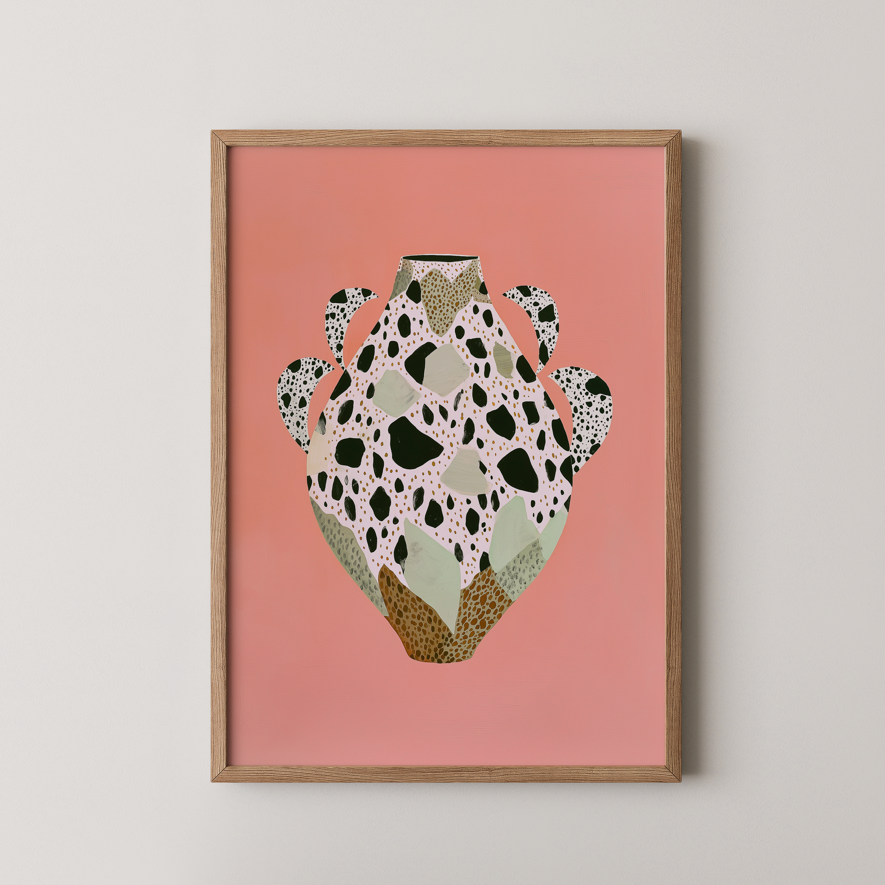 הדפס אמנותי מופשט של כלי דקורטיבי בצבעי ורוד, ירוק ושחור בסגנון מודרני – Arova