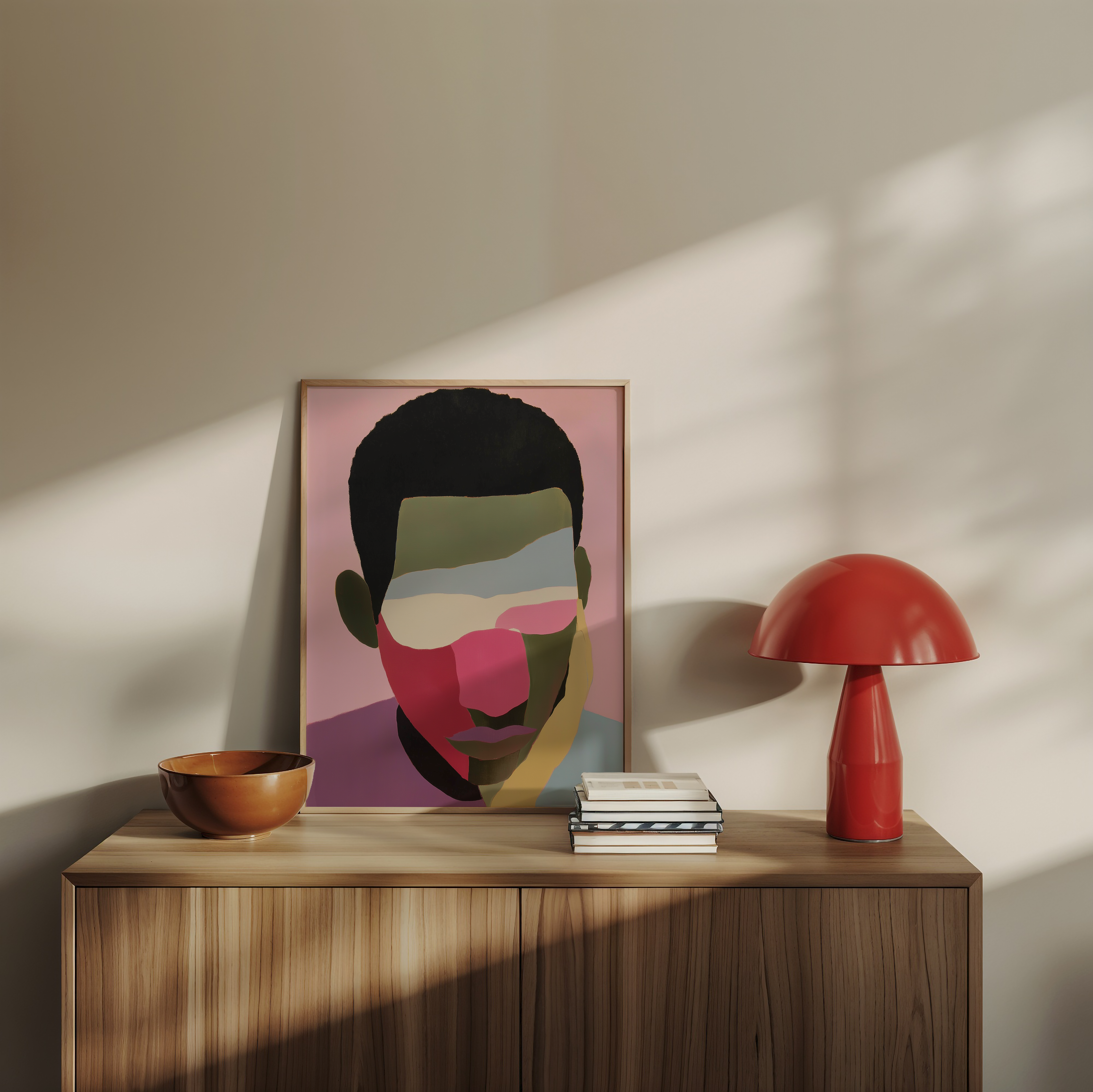 יצירה ממוסגרת של דיוקן גברי מופשט בגווני ורוד, ירוק ותכלת – Isandro מבית Trausi+Tosh