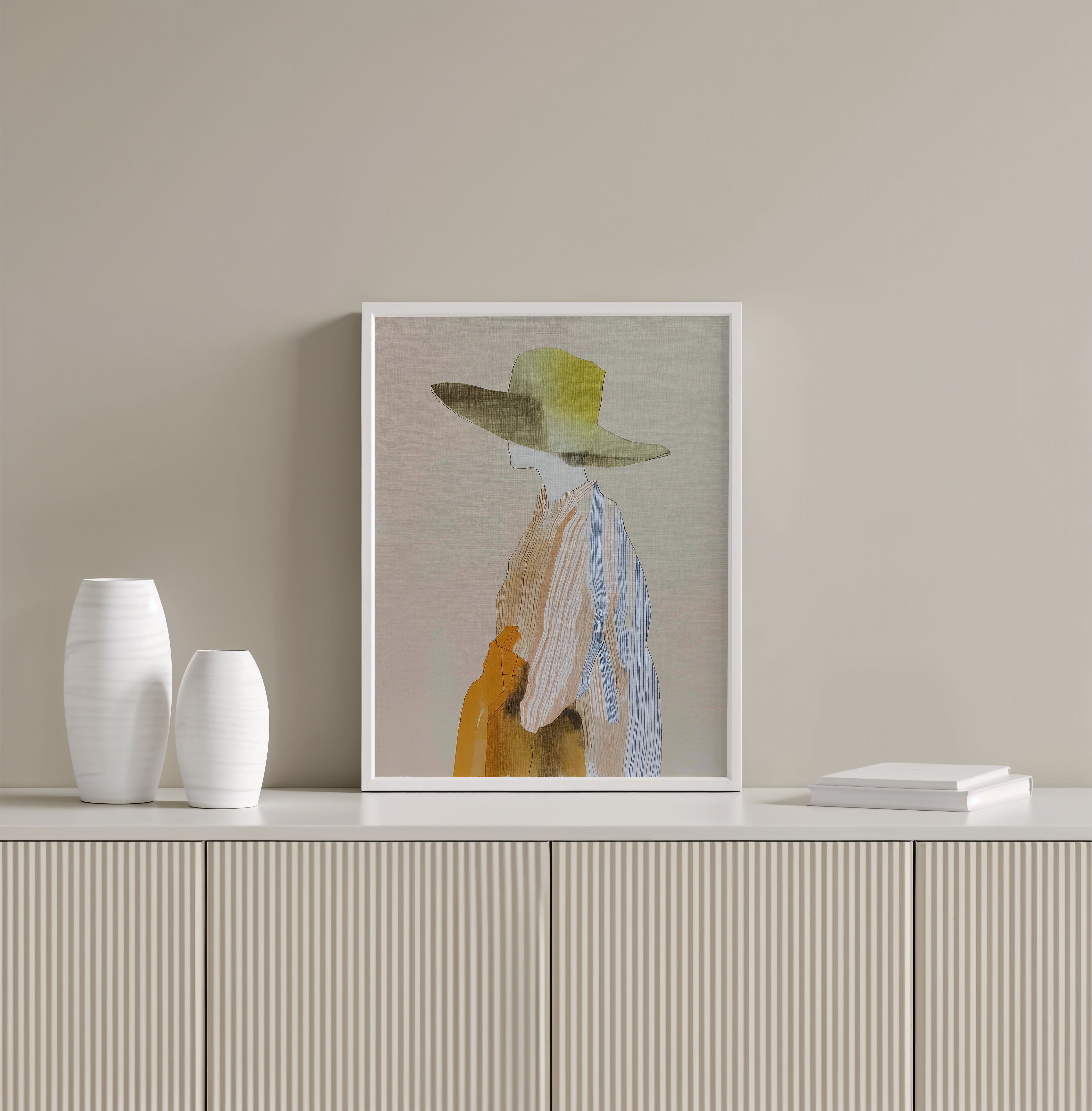 יצירה אמנותית Malin בסגנון מודרני רך, דמות נשית מופשטת בצבעים טבעיים וחמים