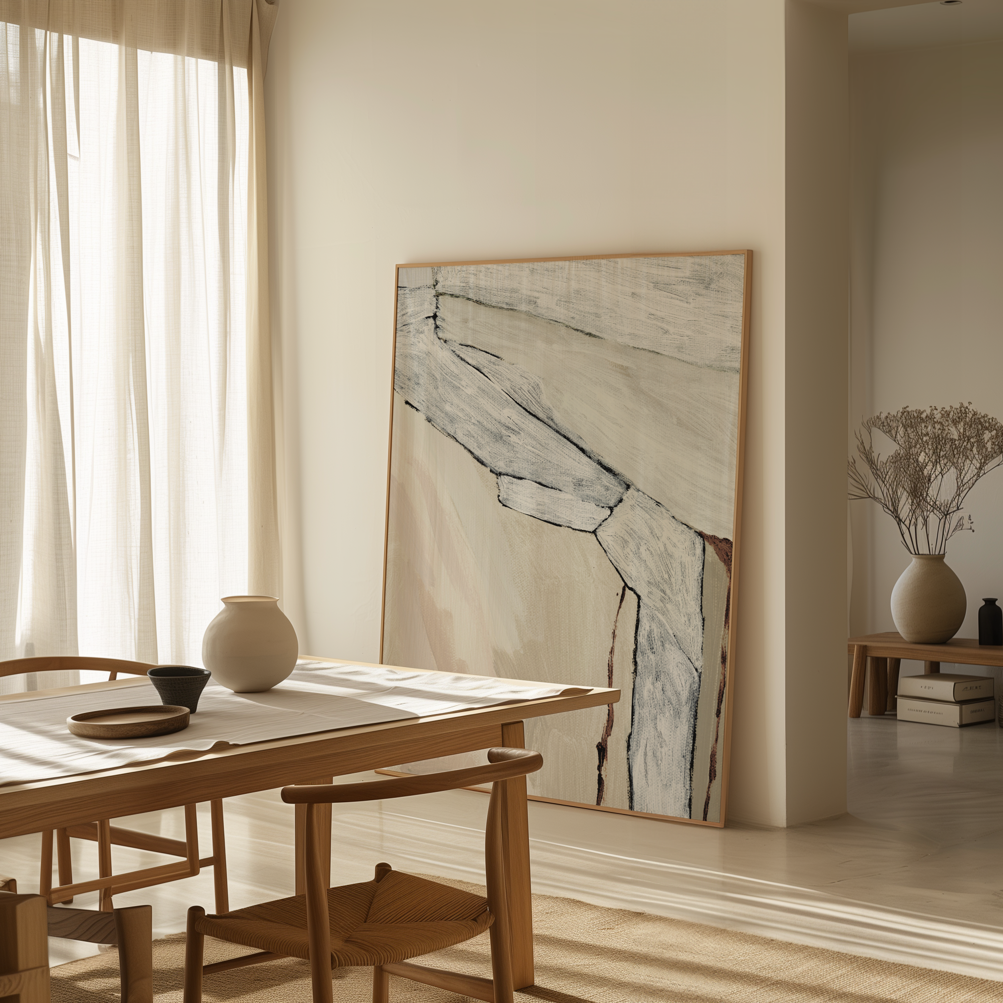 יצירה אבסטרקטית בגוונים טבעיים של חול, שמנת ואפור עם משיכות מכחול טקסטורליות במסגרת עץ.