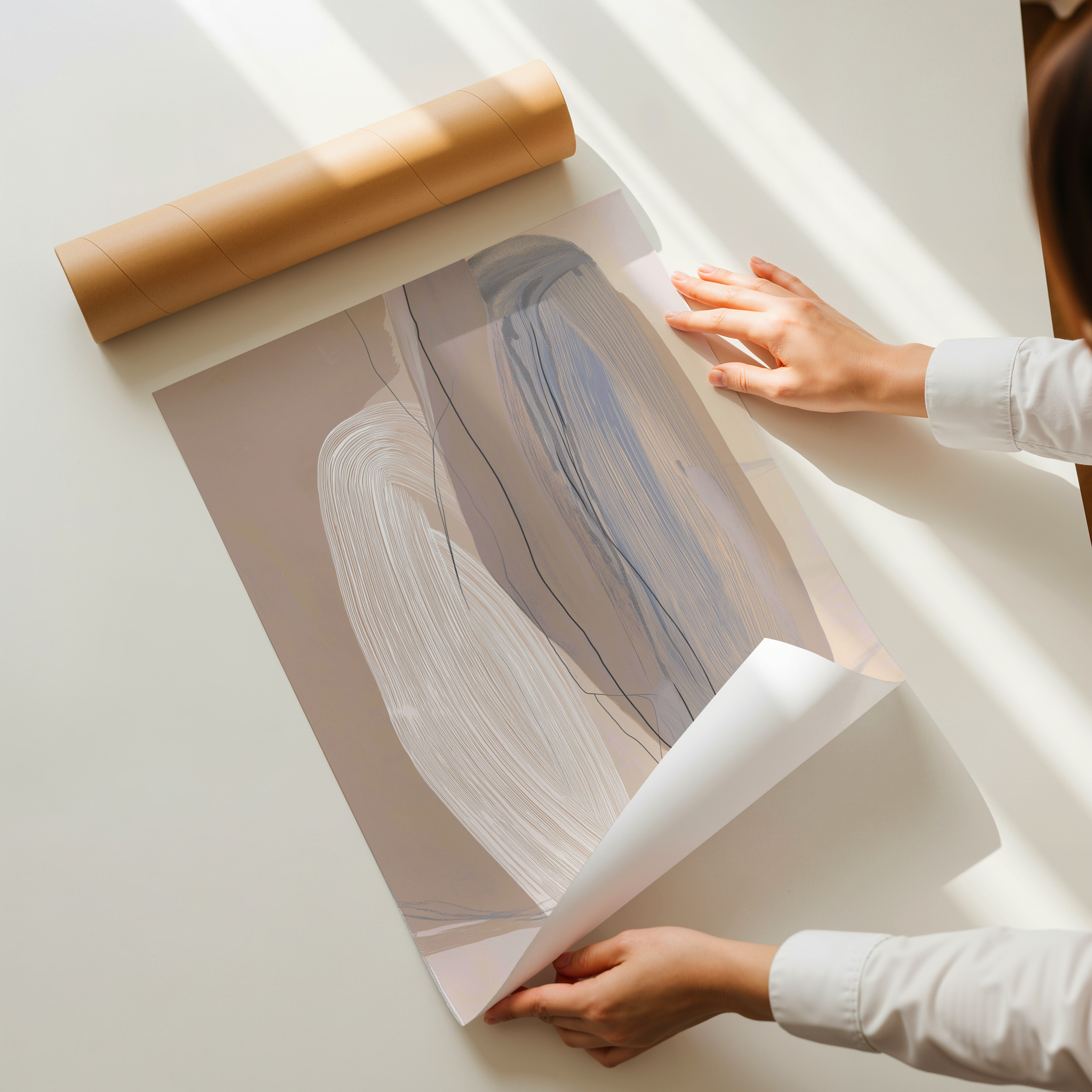 הדפס אמנותי מופשט Aurin בגוונים טבעיים של בז׳ ואפור, יצירה מודרנית לקיר