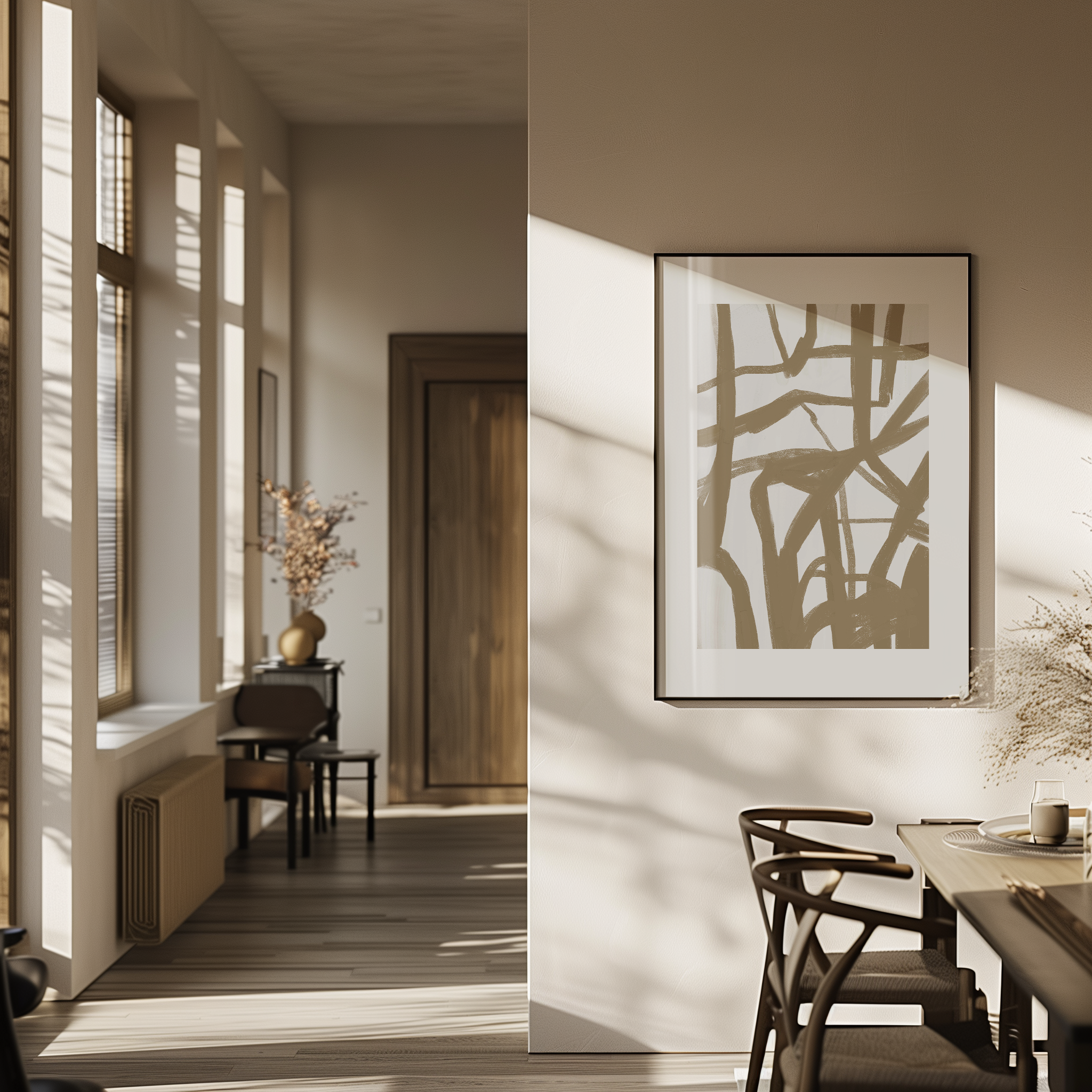 יצירת אמנות מופשטת בגוונים רכים עם קווים חופשיים, ממוסגרת ומוצגת על קיר בסגנון מודרני.