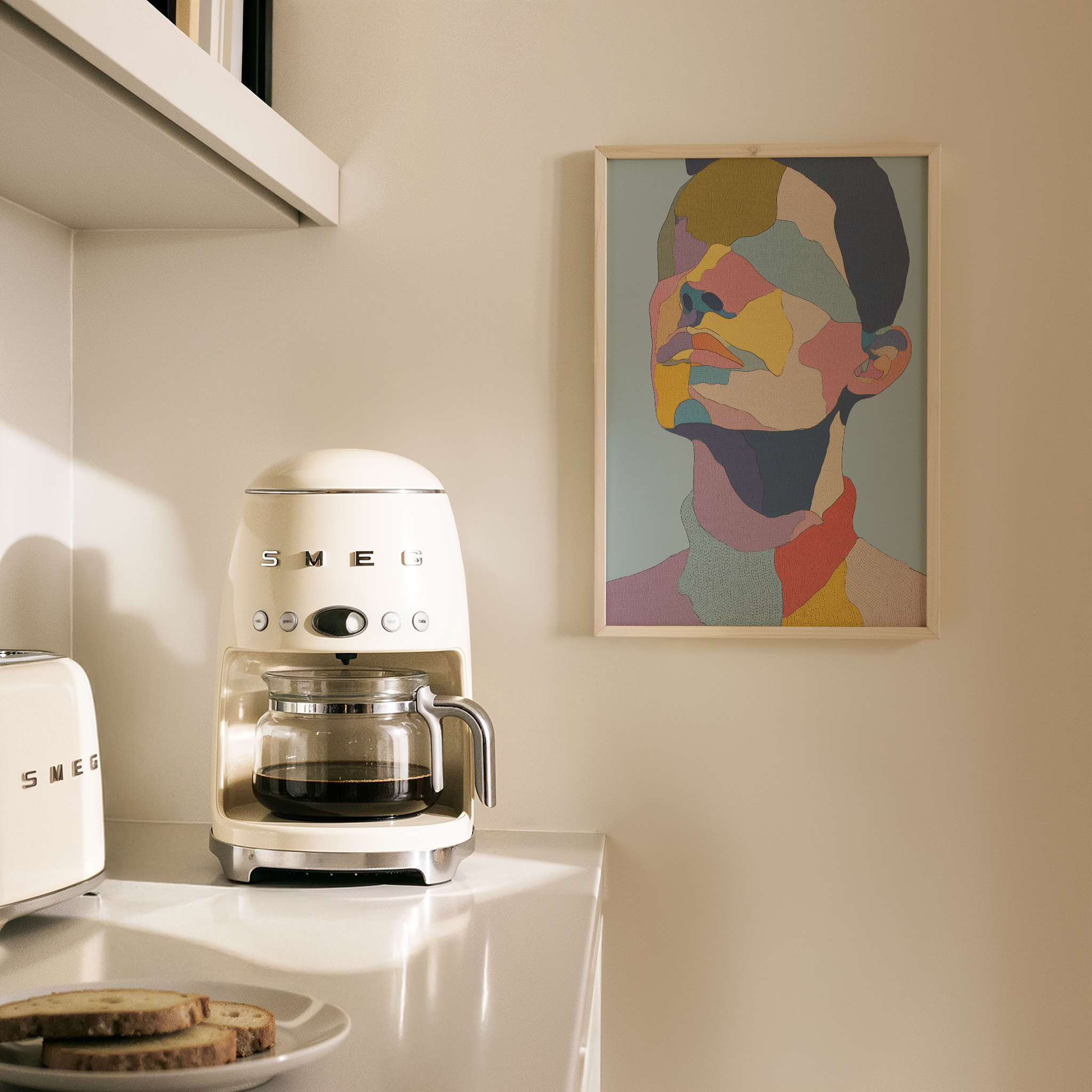 יצירה ממוסגרת Vérin בצבעים מופשטים על רקע תכלת – Trausi+Tosh