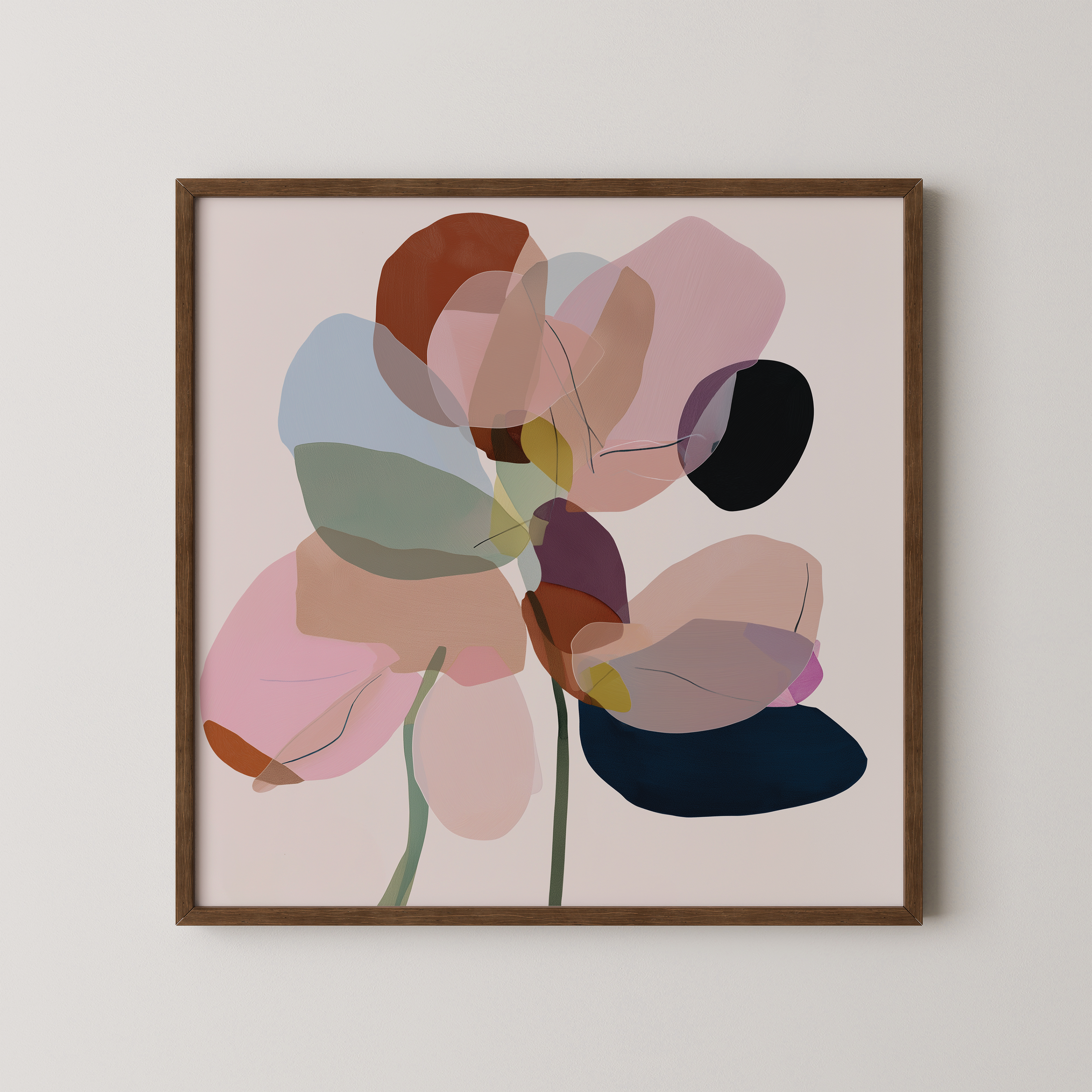 יצירה ממוסגרת Elins עם צורות אורגניות ושכבות צבע רכות בסגנון מודרני מינימליסטי