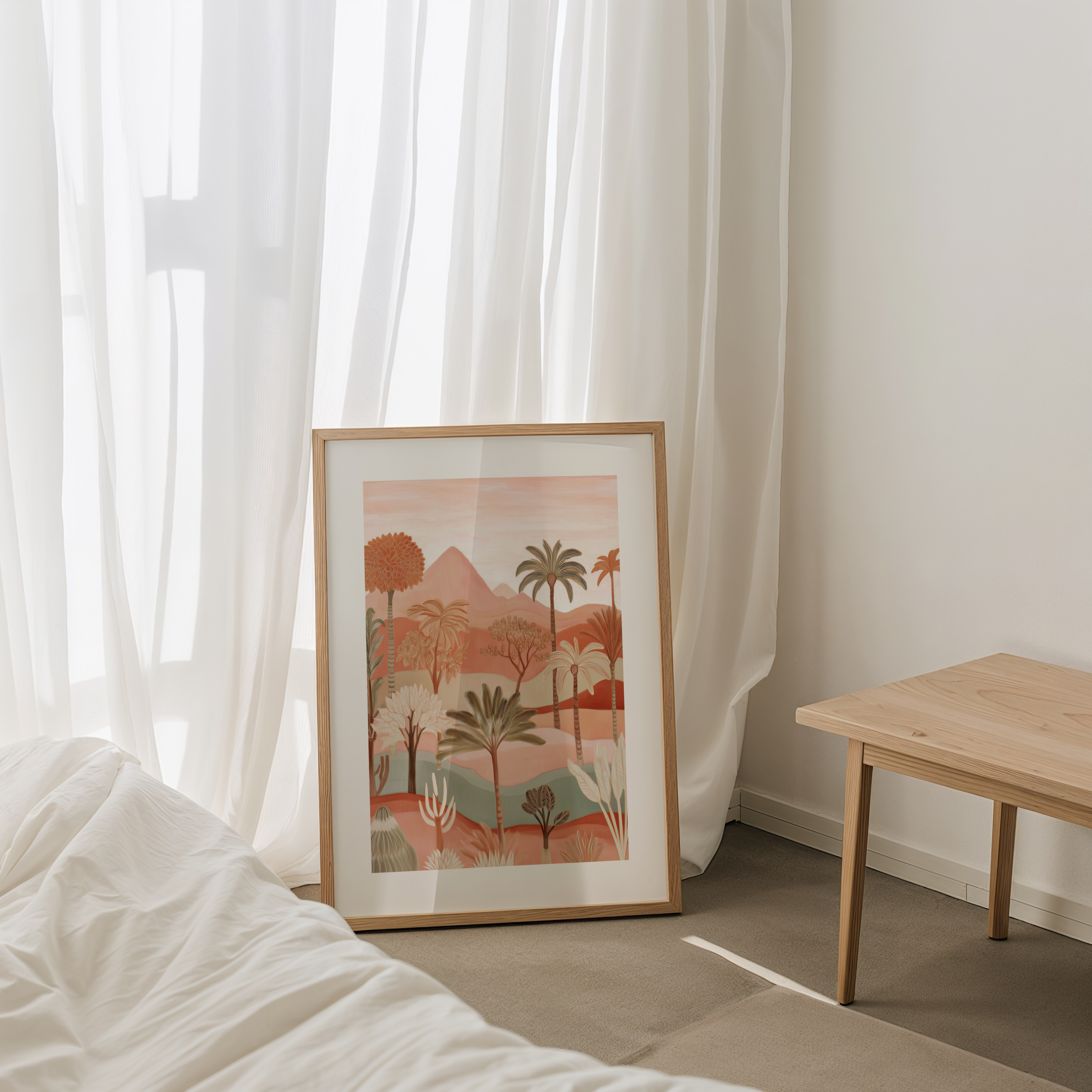 איור של נוף טרופי מדומיין עם עצים צבעוניים, הרים ורקע בגווני שקיעה חמימים