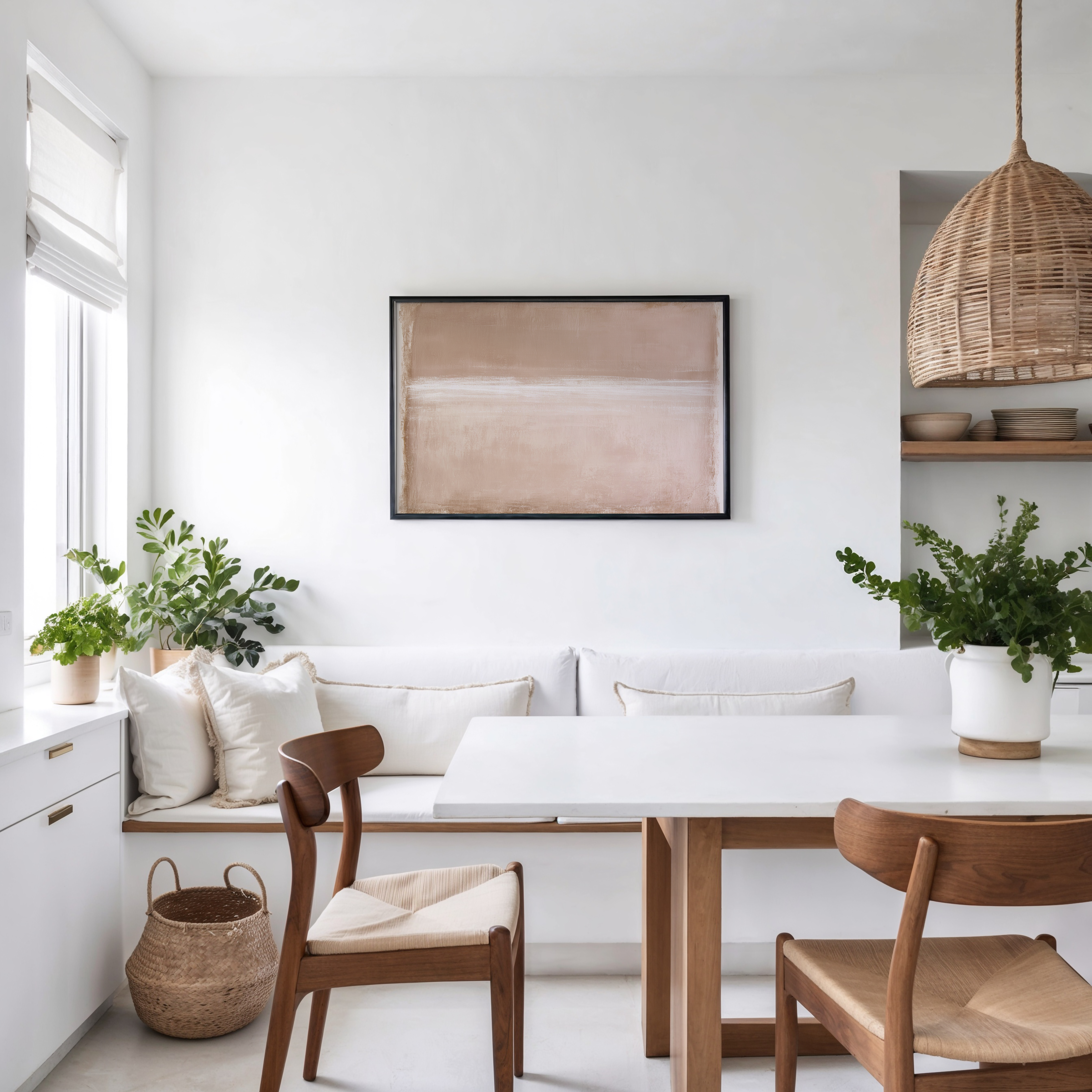 יצירת אמנות מינימליסטית בגווני בז’ וחול עם טקסטורה עדינה במסגרת עץ בהירה