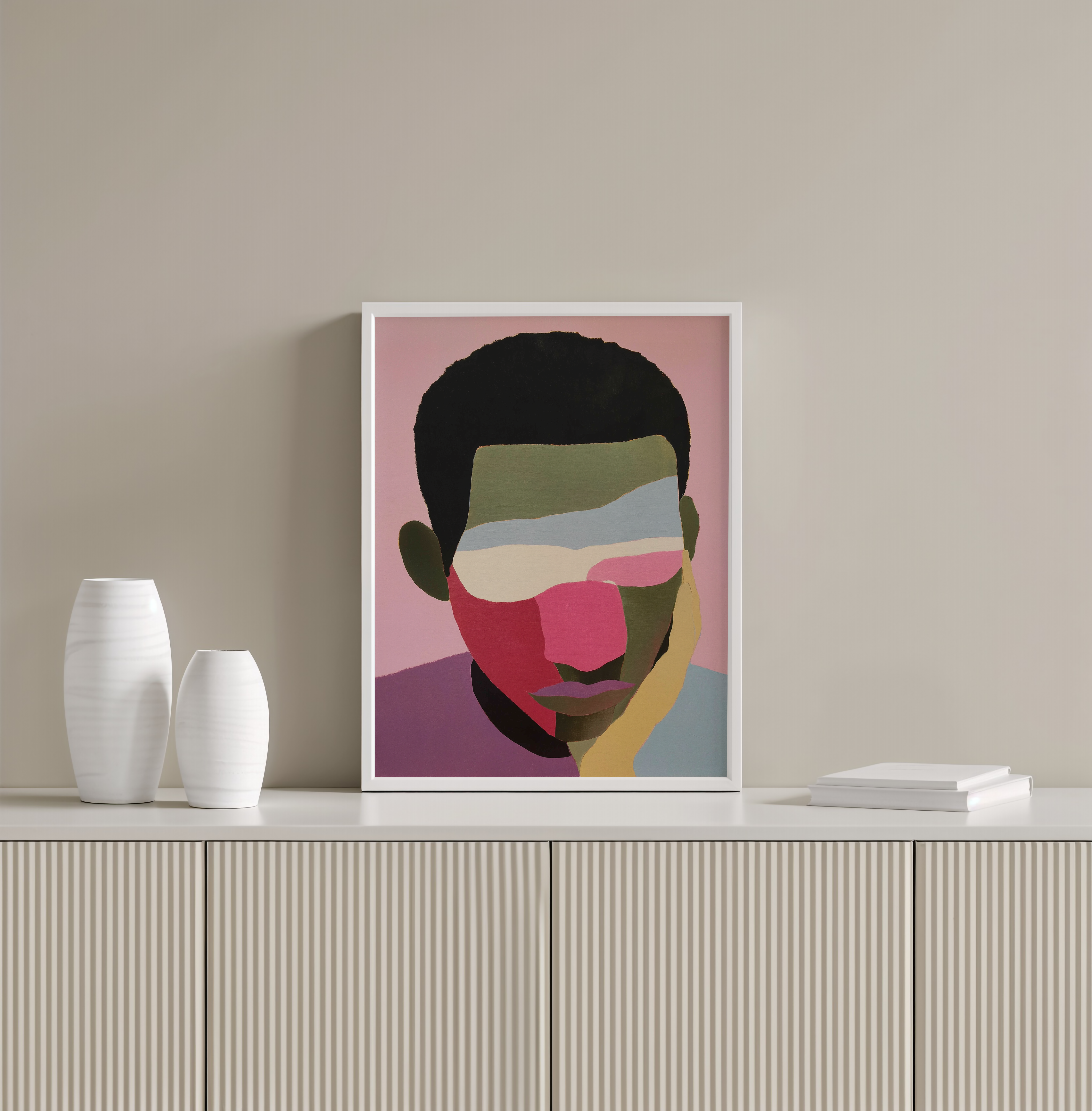 יצירה ממוסגרת של דיוקן גברי מופשט בגווני ורוד, ירוק ותכלת – Isandro מבית Trausi+Tosh