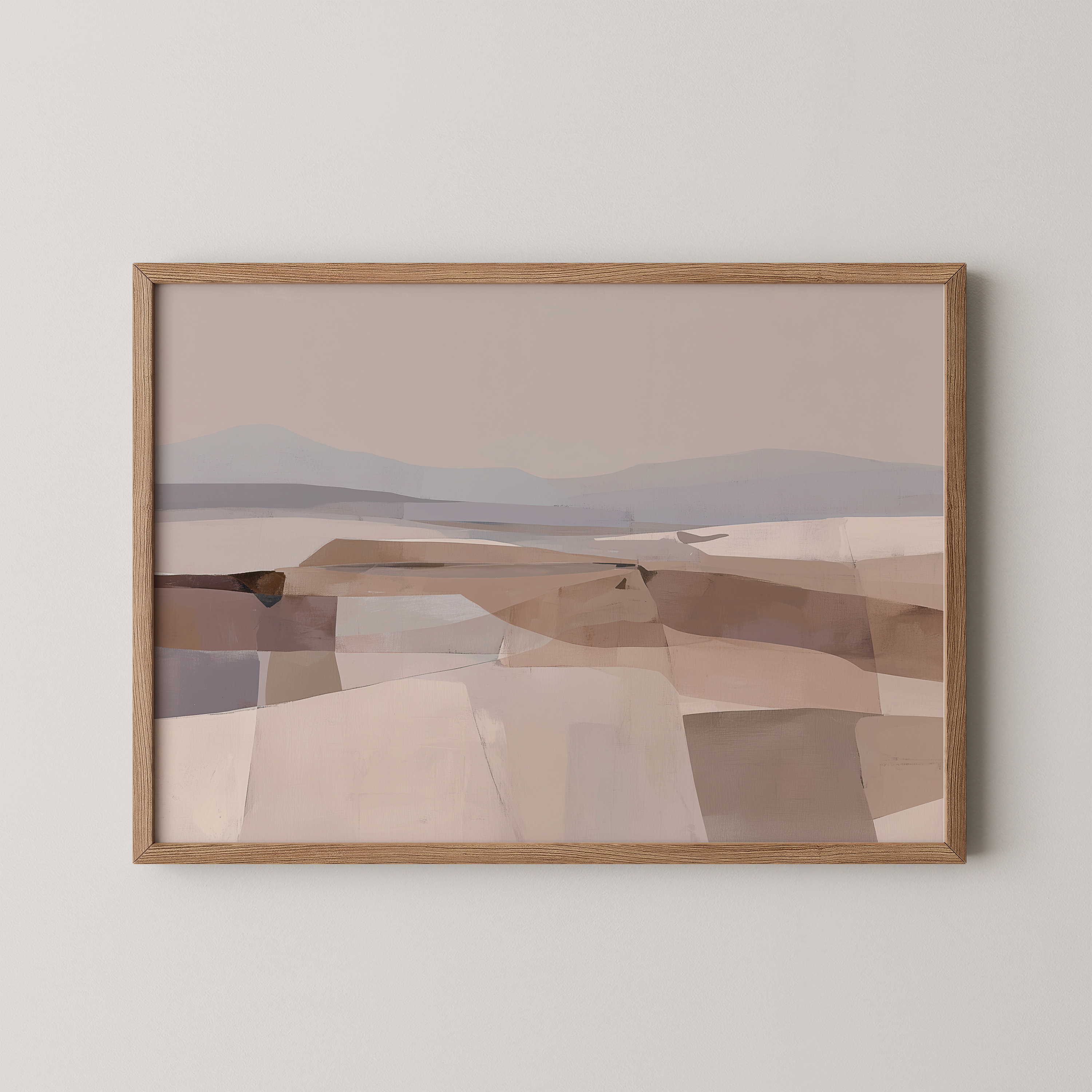 יצירת אמנות מופשטת-נופית בגווני חול, חום ואפור בהירים במסגרת עץ – Serava.