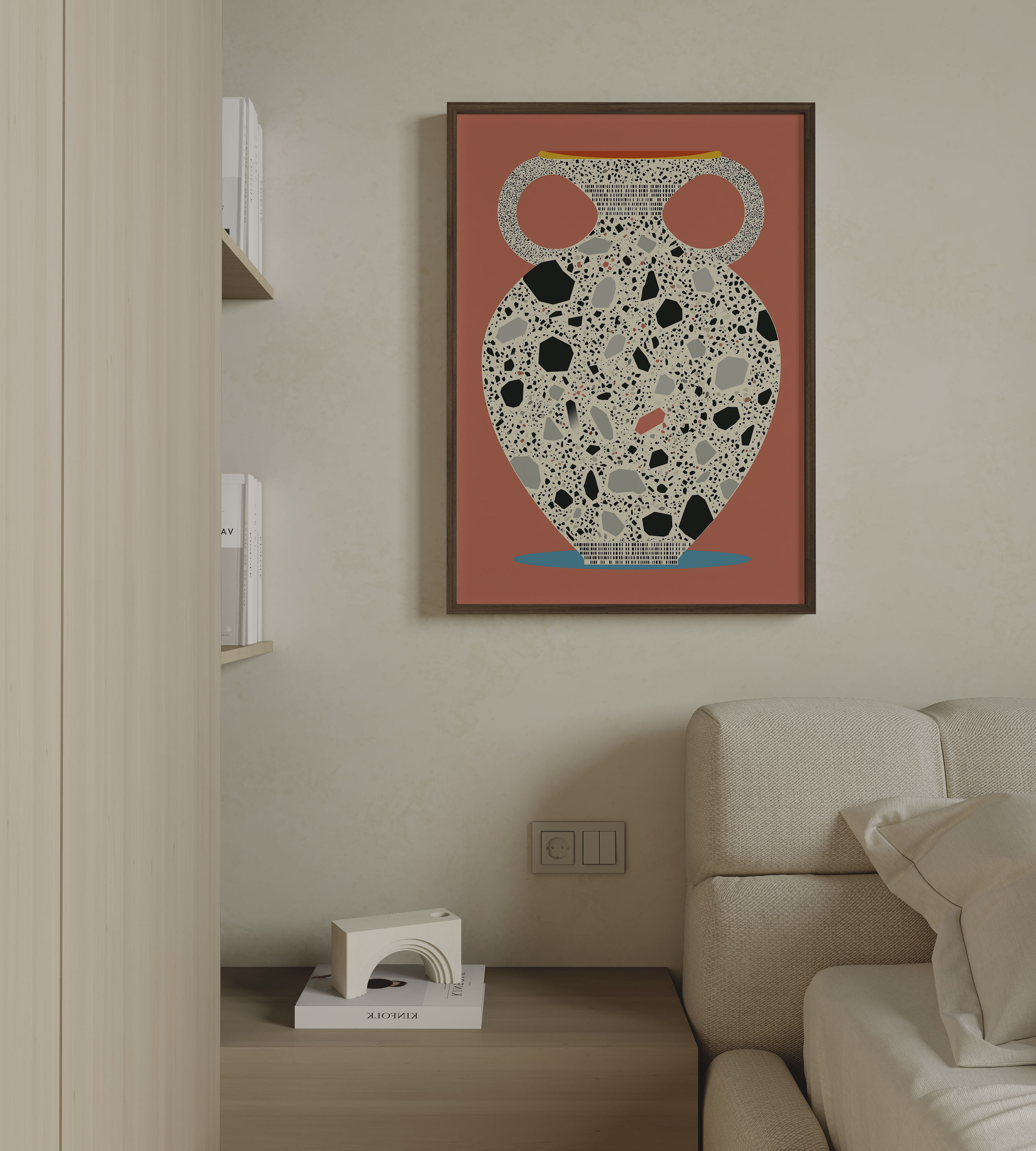 Larova – הדפס אמנותי של כלי חרס מאויר עם טקסטורת טרצו בעיצוב מודרני על רקע חמים