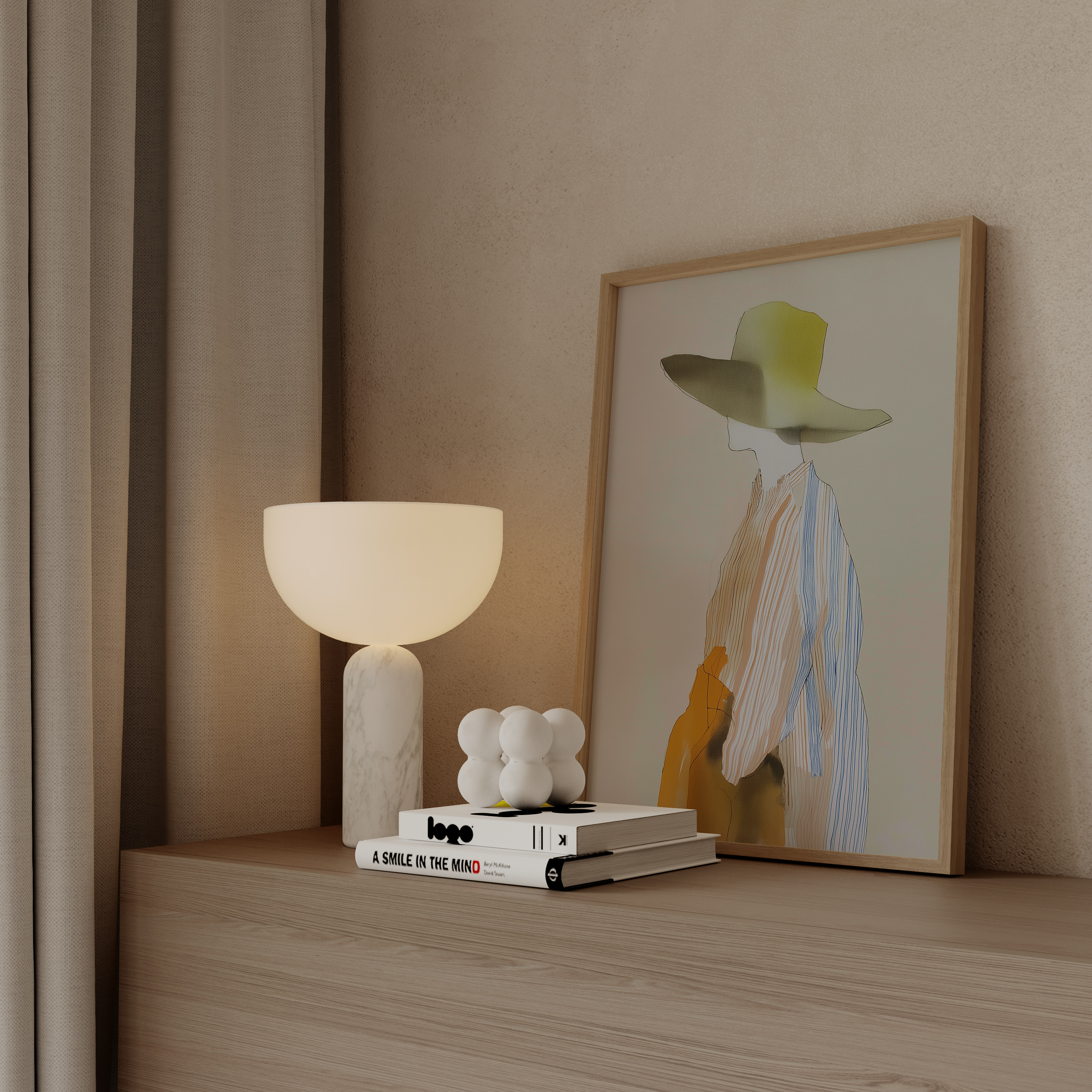 יצירה אמנותית Malin בסגנון מודרני רך, דמות נשית מופשטת בצבעים טבעיים וחמים