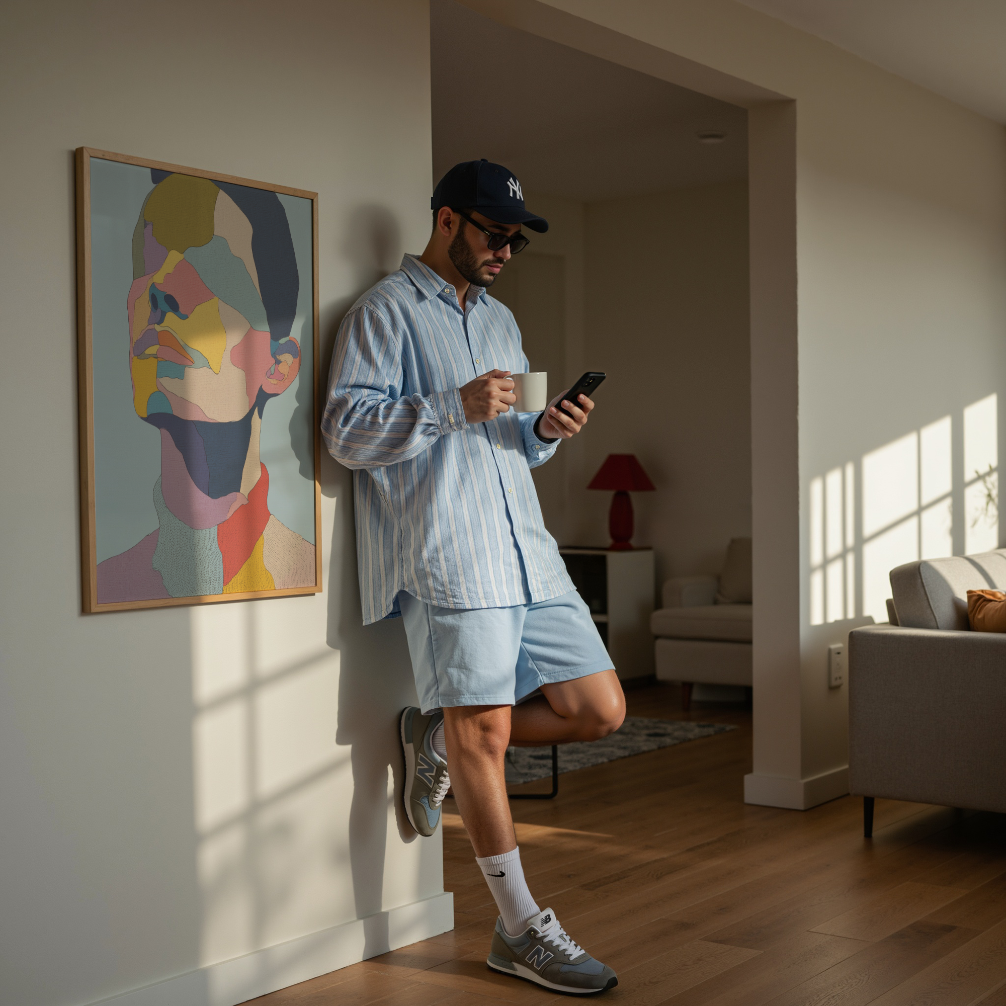 יצירה ממוסגרת Vérin בצבעים מופשטים על רקע תכלת – Trausi+Tosh