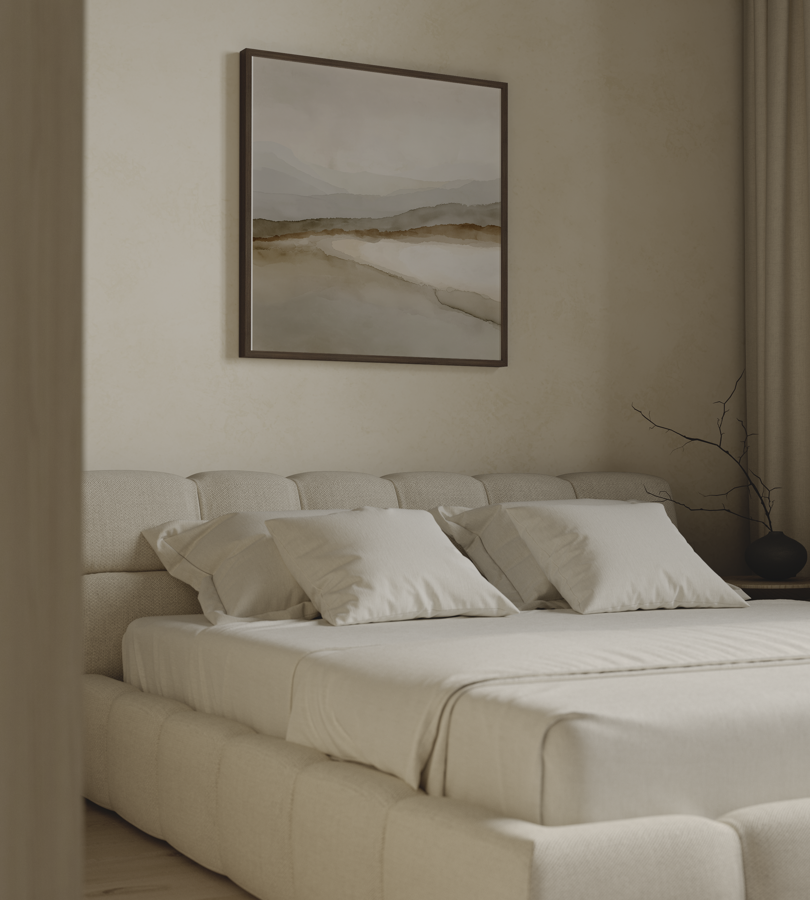 Arlisse – יצירה מינימליסטית בגווני חול ואפרפר עם שכבות אופק עדינות, ממוסגרת על קיר בהיר