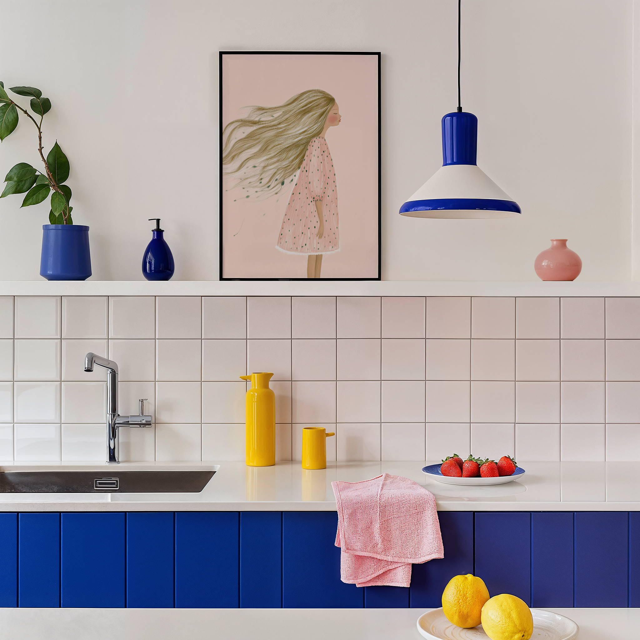 יצירת אמנות של ילדה עם שיער מתנופף ברוח על רקע פסטלי – Lunaria