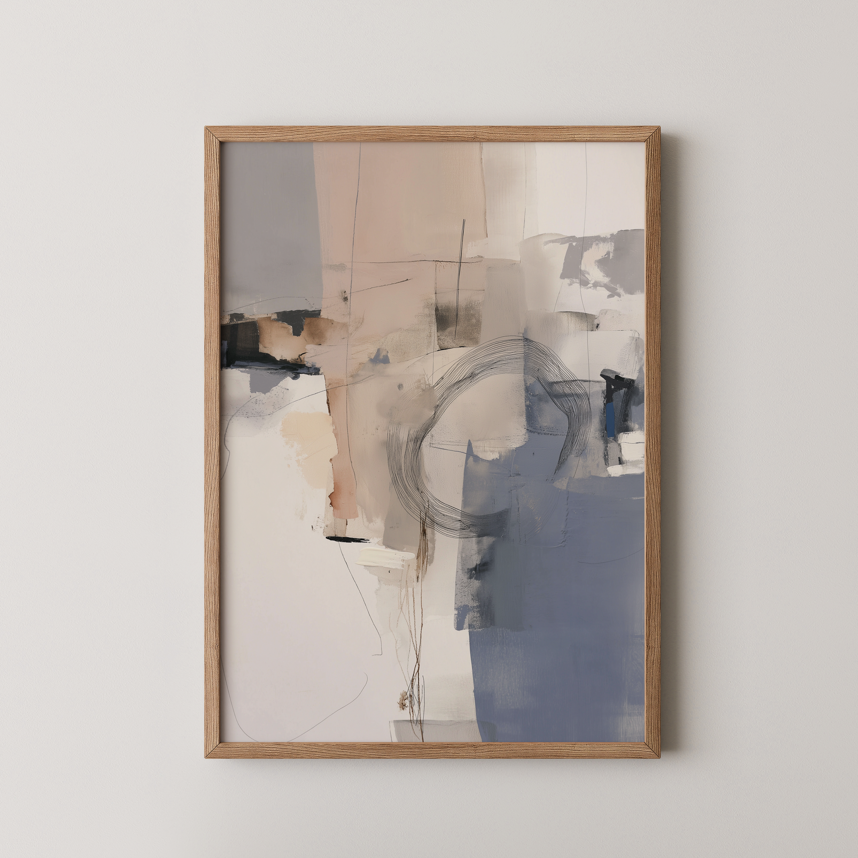 יצירת אמנות מופשטת בגווני אבן וכחול עם תנועה מעגלית עדינה במסגרת עץ טבעית