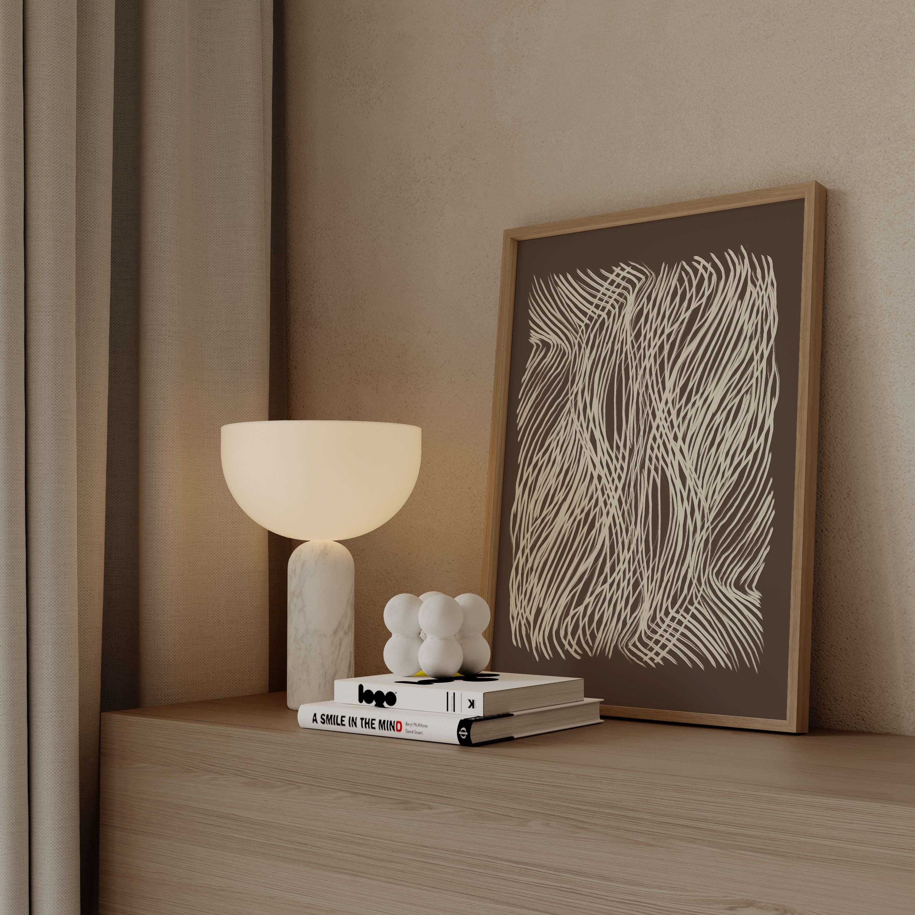 יצירה מודרנית עם קווים לבנים דינמיים על רקע כהה, מושלמת לקישוט חללים מעוצבים כמו סלון, משרד או פינת אוכל.