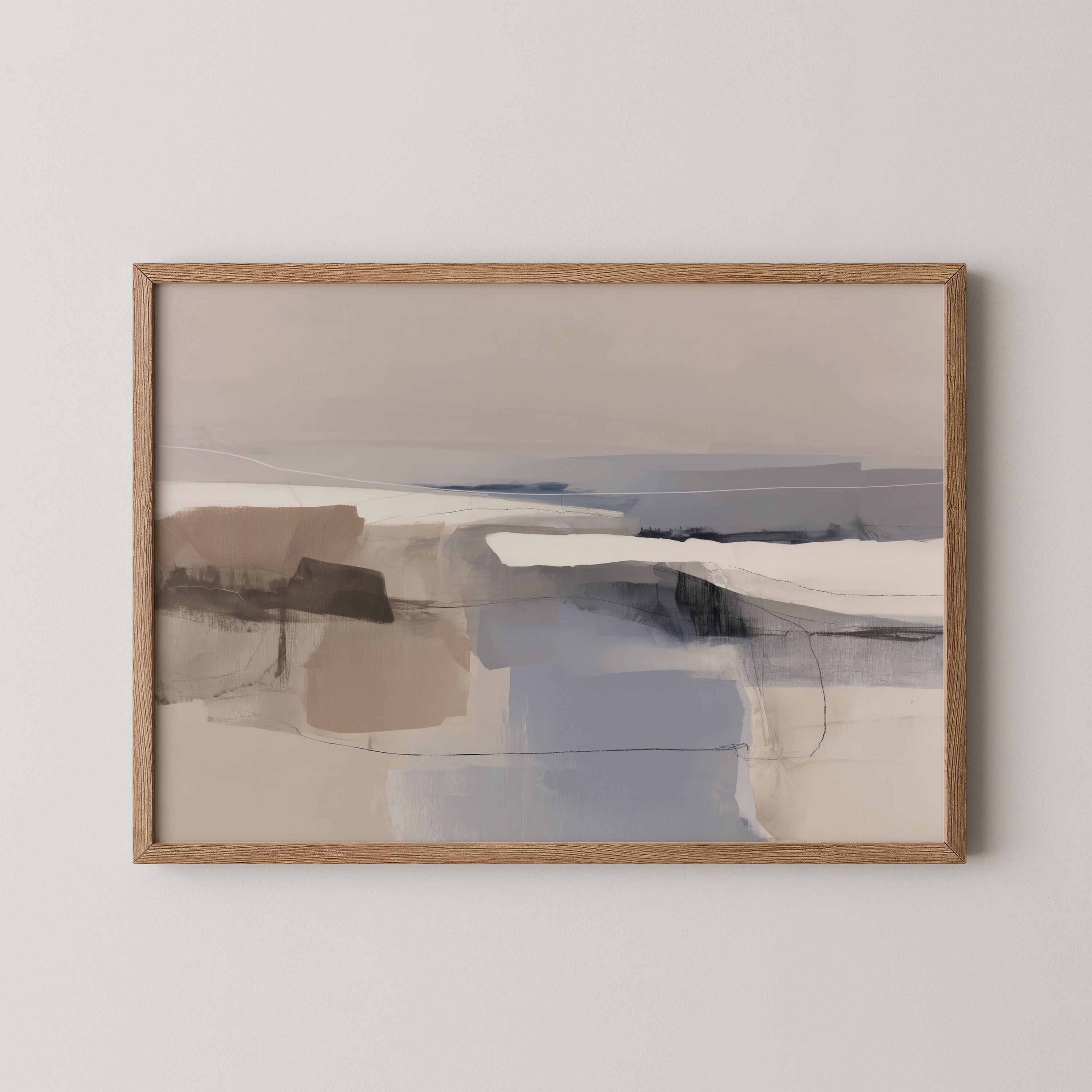 תמונה מופשטת בצבעי חמרה, חול ותכלת במסגרת עץ, תלויה בסלון מודרני מואר