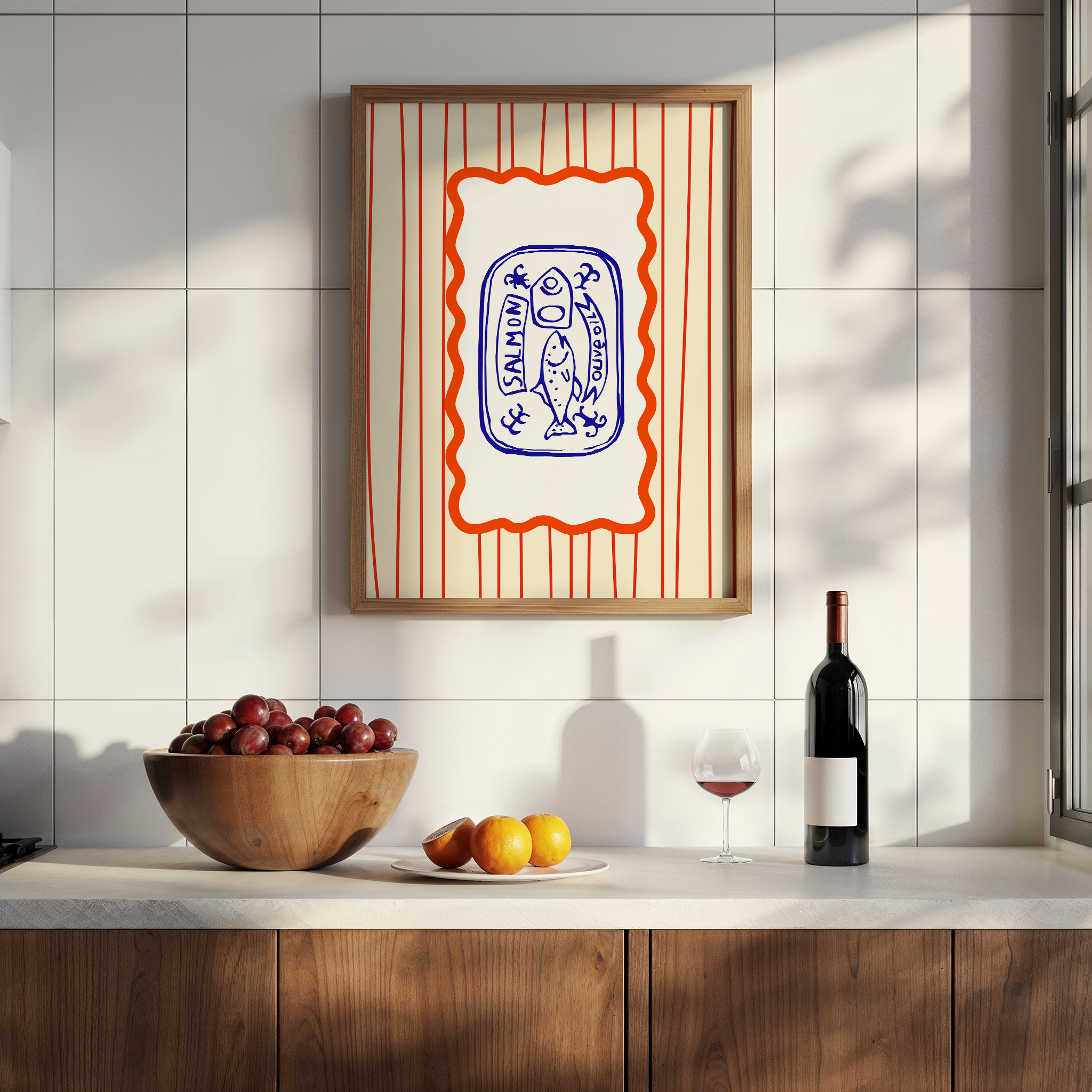 Colorful print of a stylized sardine can with a salmon illustration, blue and red graphic lines by The Left Handed.