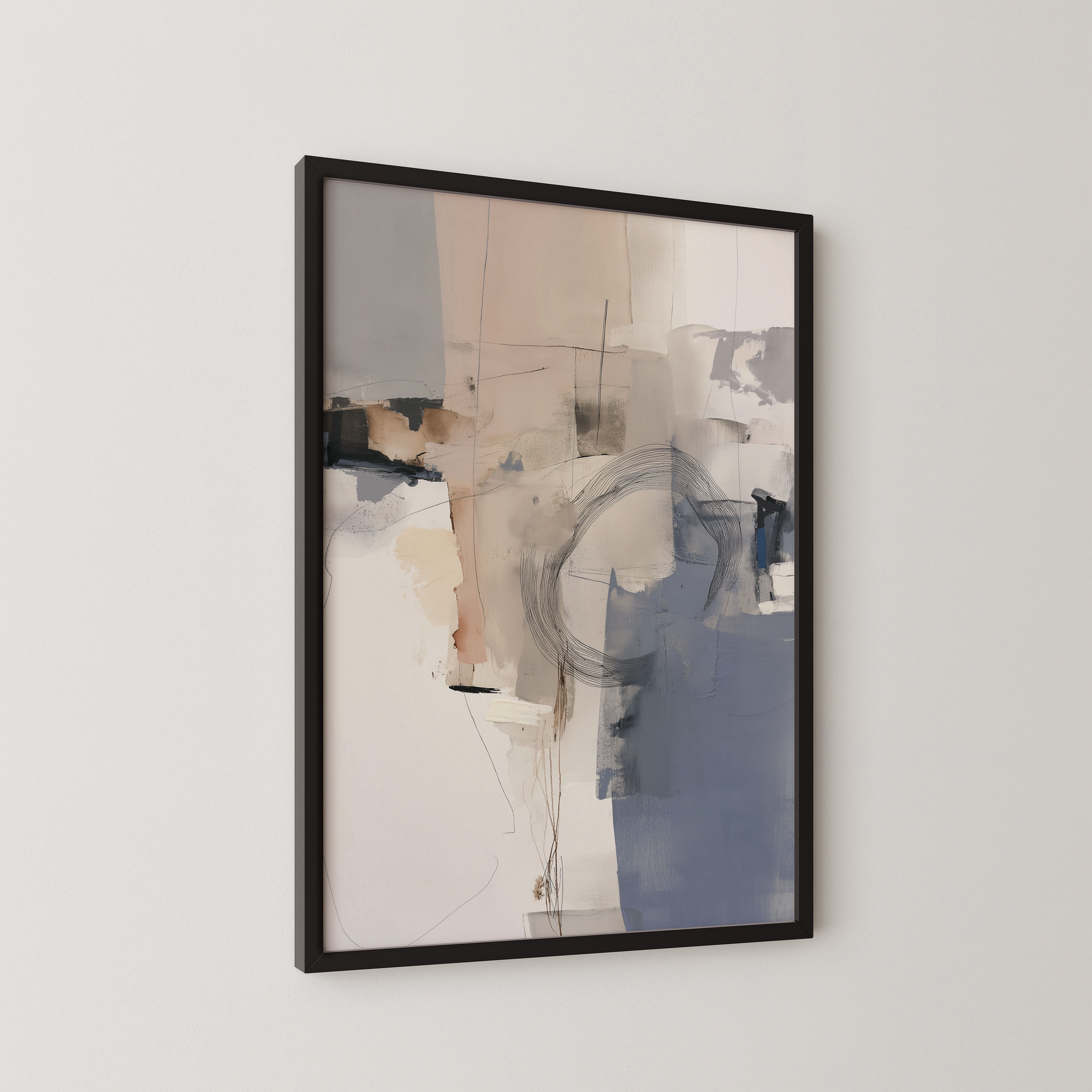 יצירת אמנות מופשטת בגווני אבן וכחול עם תנועה מעגלית עדינה במסגרת עץ טבעית