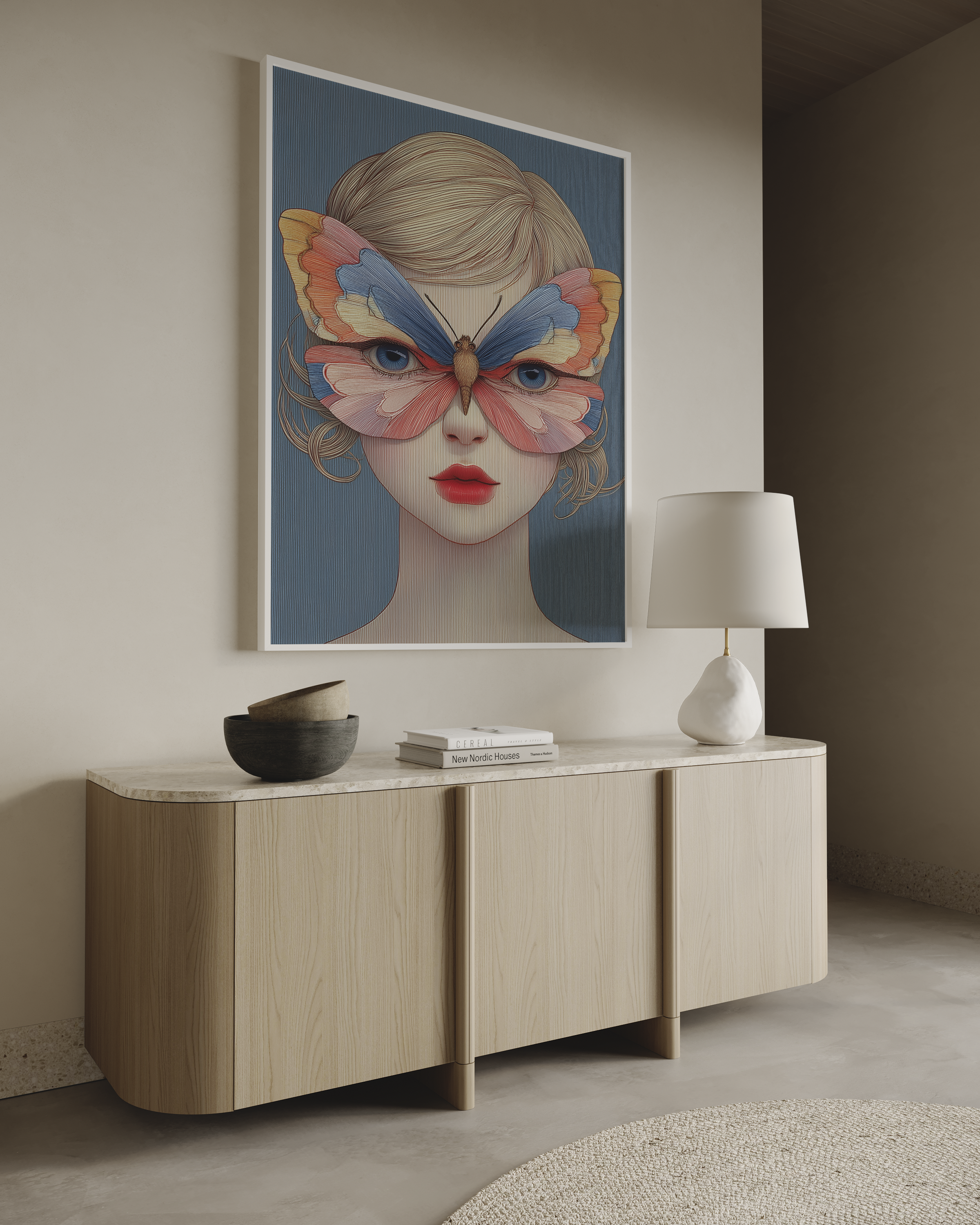 יצירת קיר Velinor עם דמות נשית ופרפר צבעוני על הפנים, בסגנון מודרני מאוזן