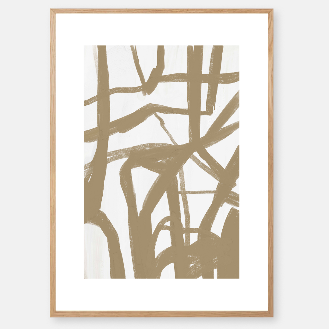 יצירת אמנות מופשטת בגוונים רכים עם קווים חופשיים, ממוסגרת ומוצגת על קיר בסגנון מודרני.