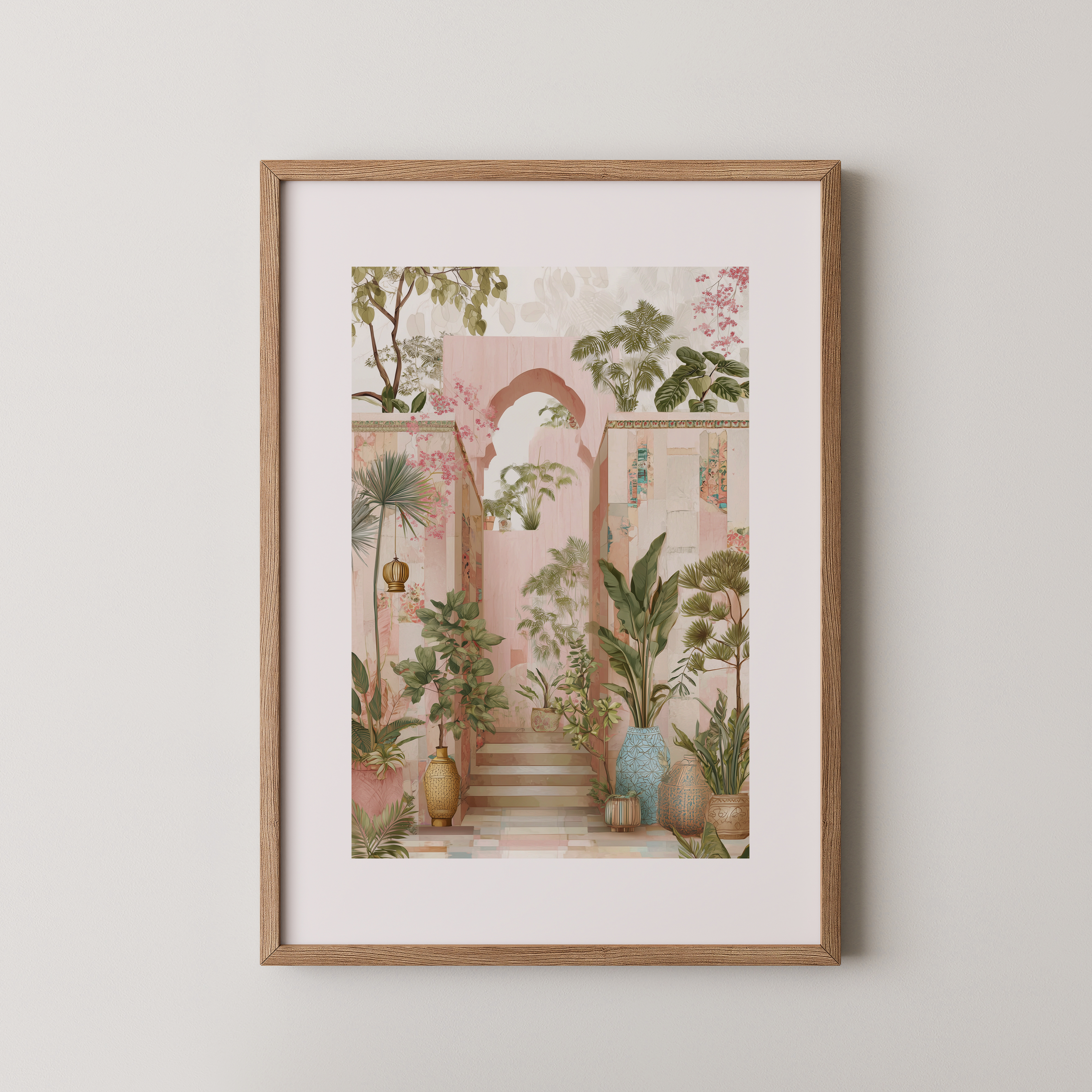 הדפס אמנותי ממוסגר "Villa Rosa" – חצר ורודה עם מדרגות אבן, קשתות וצמחייה טרופית עשירה בסגנון רומנטי ים-תיכוני.