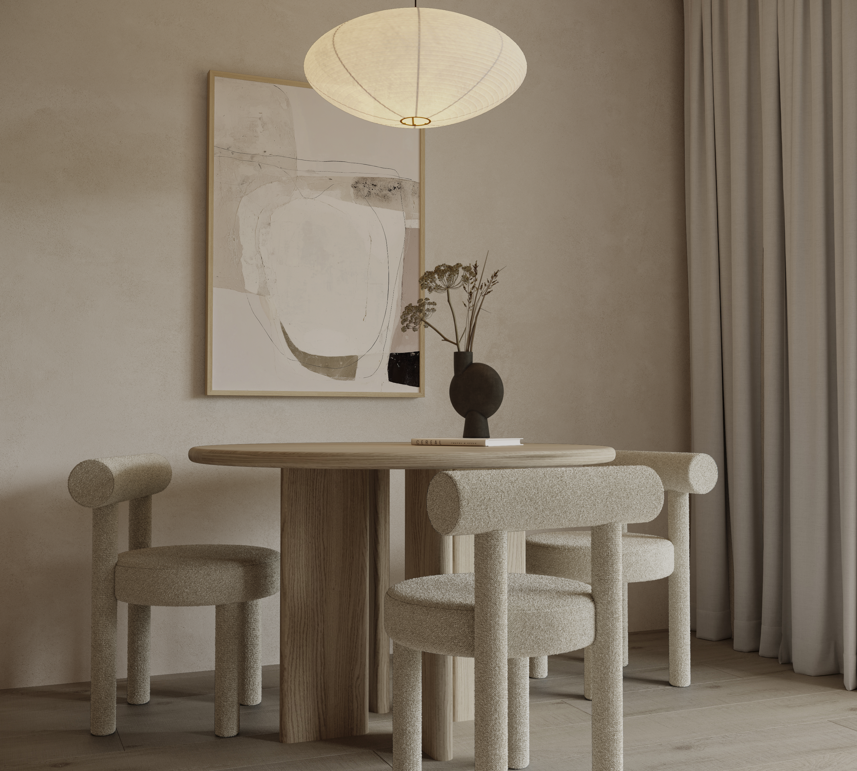 יצירת אמנות מופשטת בגווני שמנת ואבן